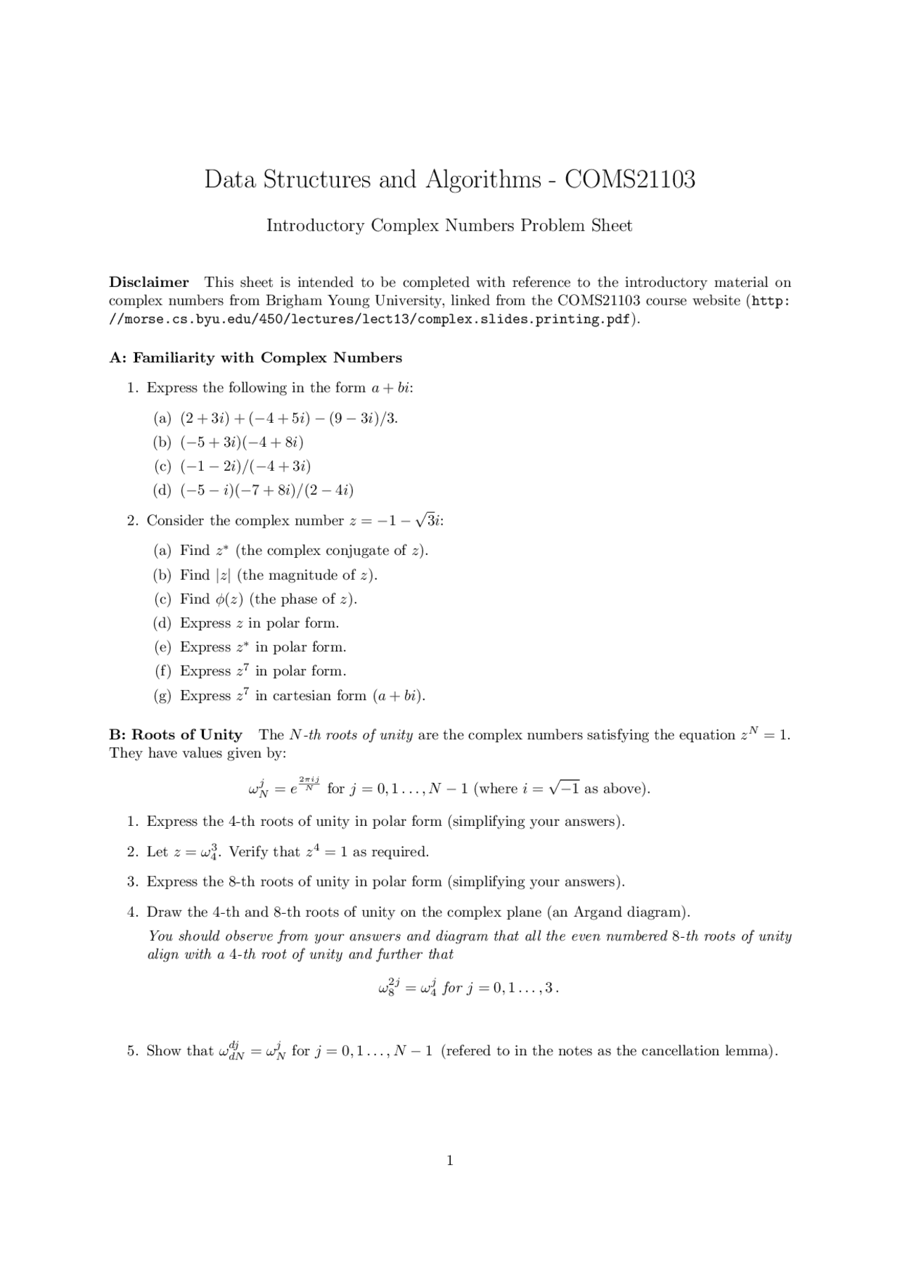Algorithms, Problem Sheet - Computer Science 1 - Docsity