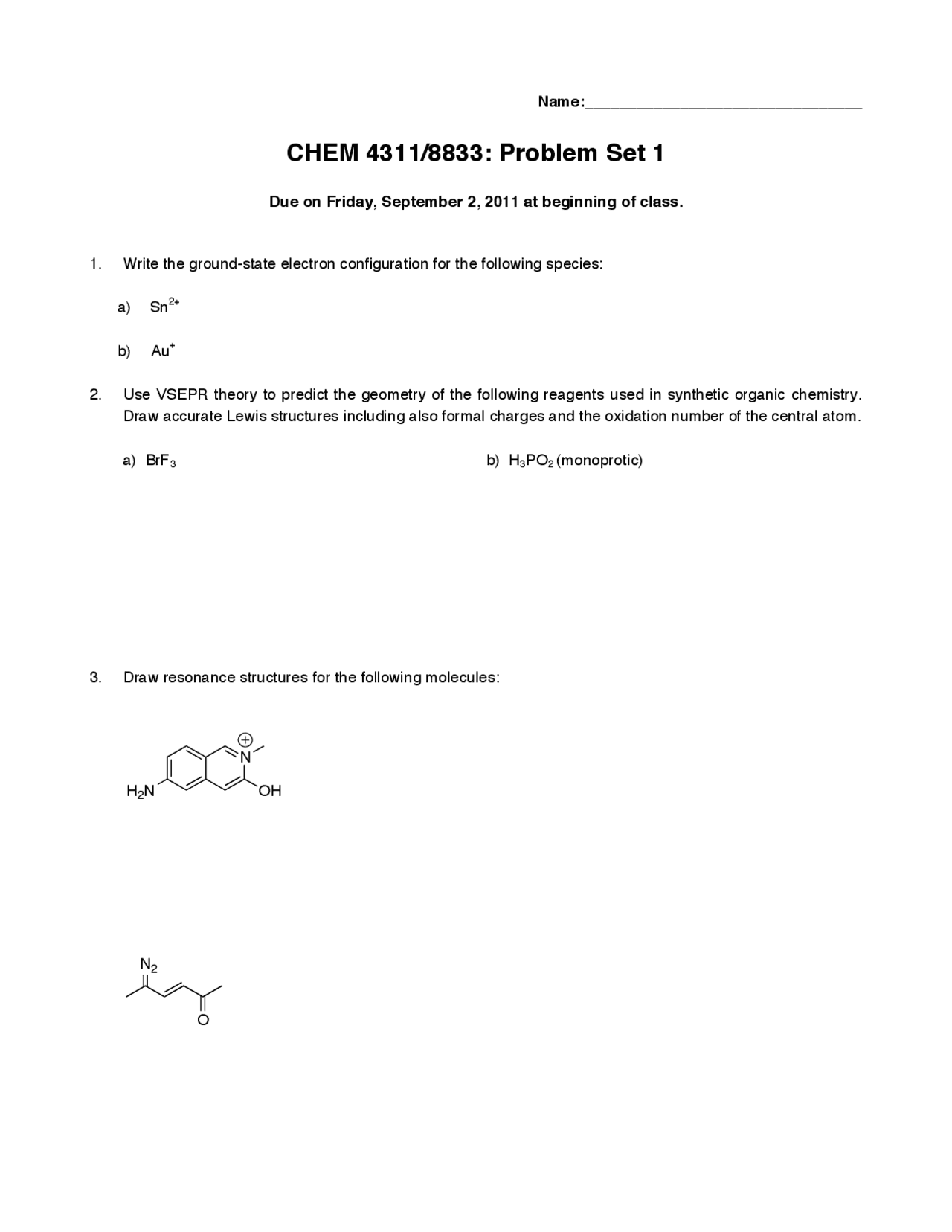 Electronic Configuration of Advanced Organic Chemistry Quiz 1 CHEM