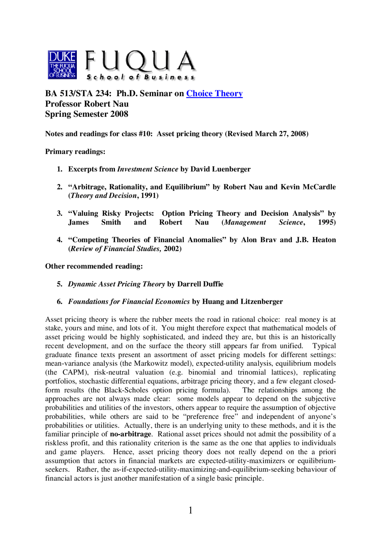 Choice Theory, Lecture Notes - Economics - 7 - Docsity