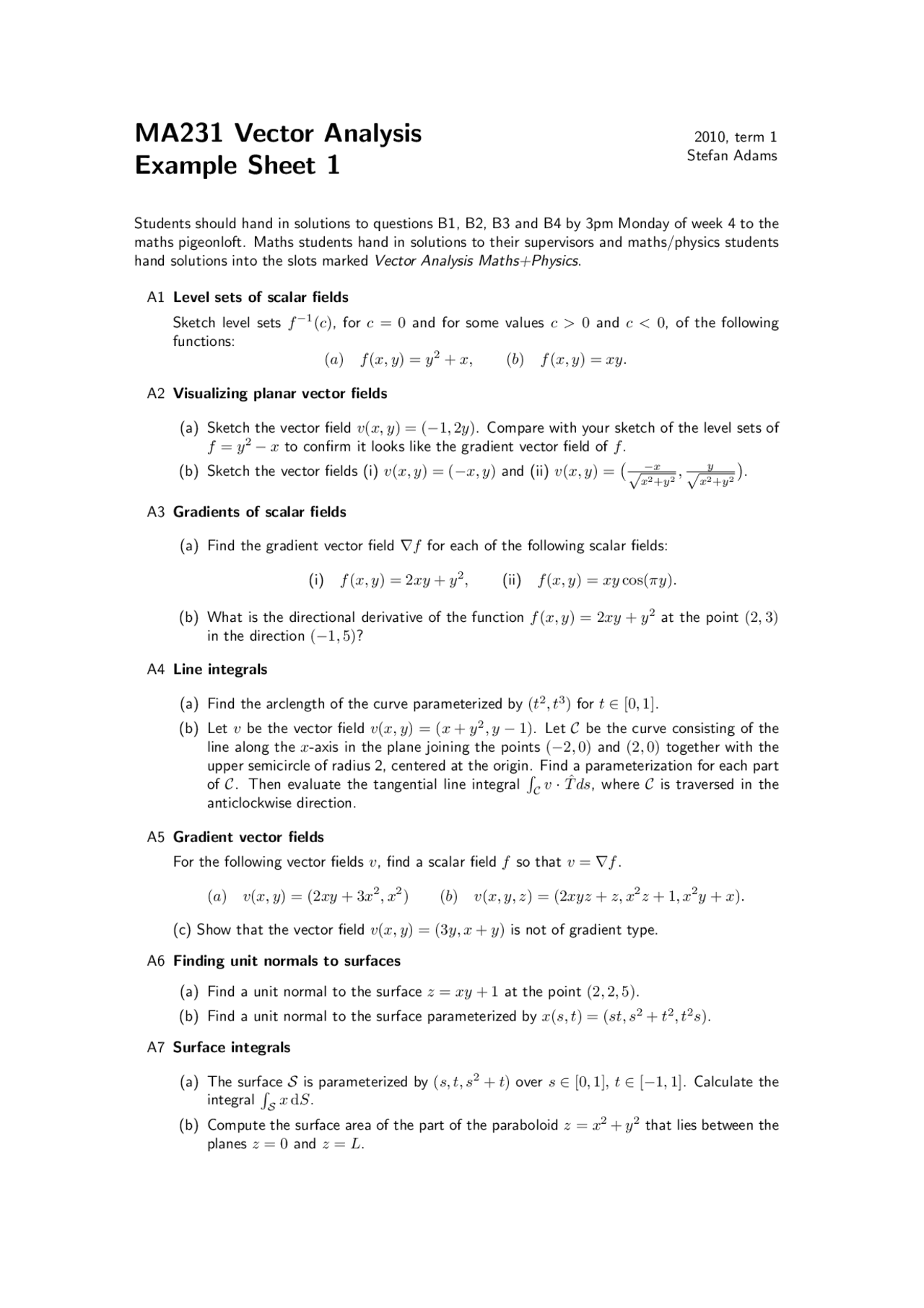 Vector Analysis, Lecture Slides - Mathematics - 7 - Docsity
