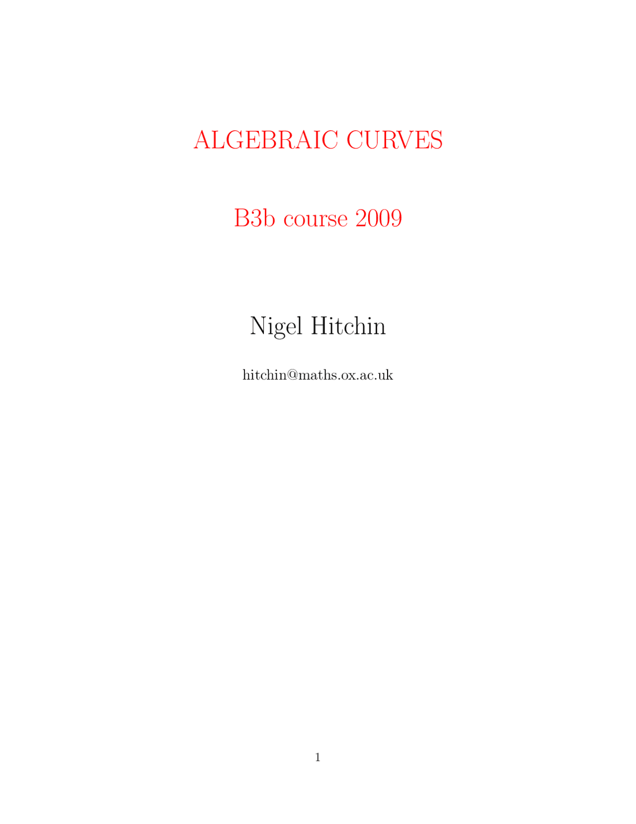 Algebraic Curve, Lecture Notes - Mathematics - Prof Nigel Hitchin - Docsity