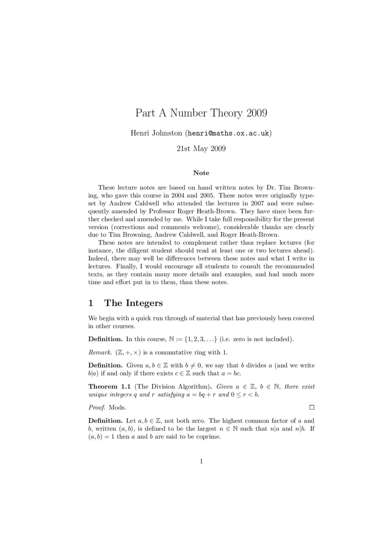 Number Theory Introduction, Lecture Notes - Mathematics - Prof Henri ...