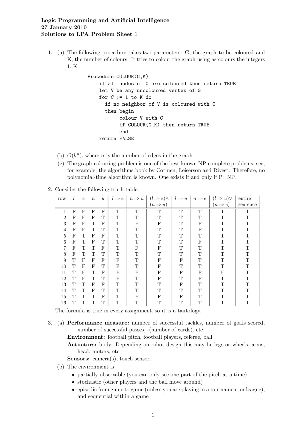 Logic Programming And Artifical Intelligence Solution Sheets Computer Science 1 Docsity