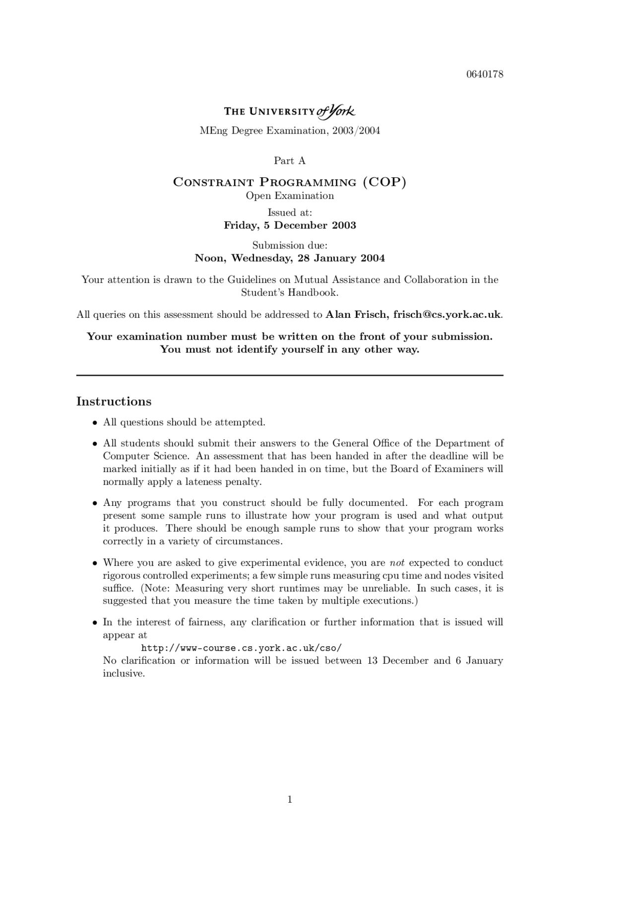 Constarint Programming, Exam Paper- Computer Science 3 - Docsity