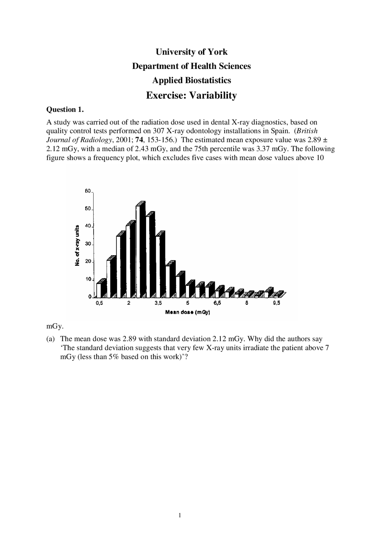 Applied Biostatistics, Exercises- Mathematics - 1 - Docsity