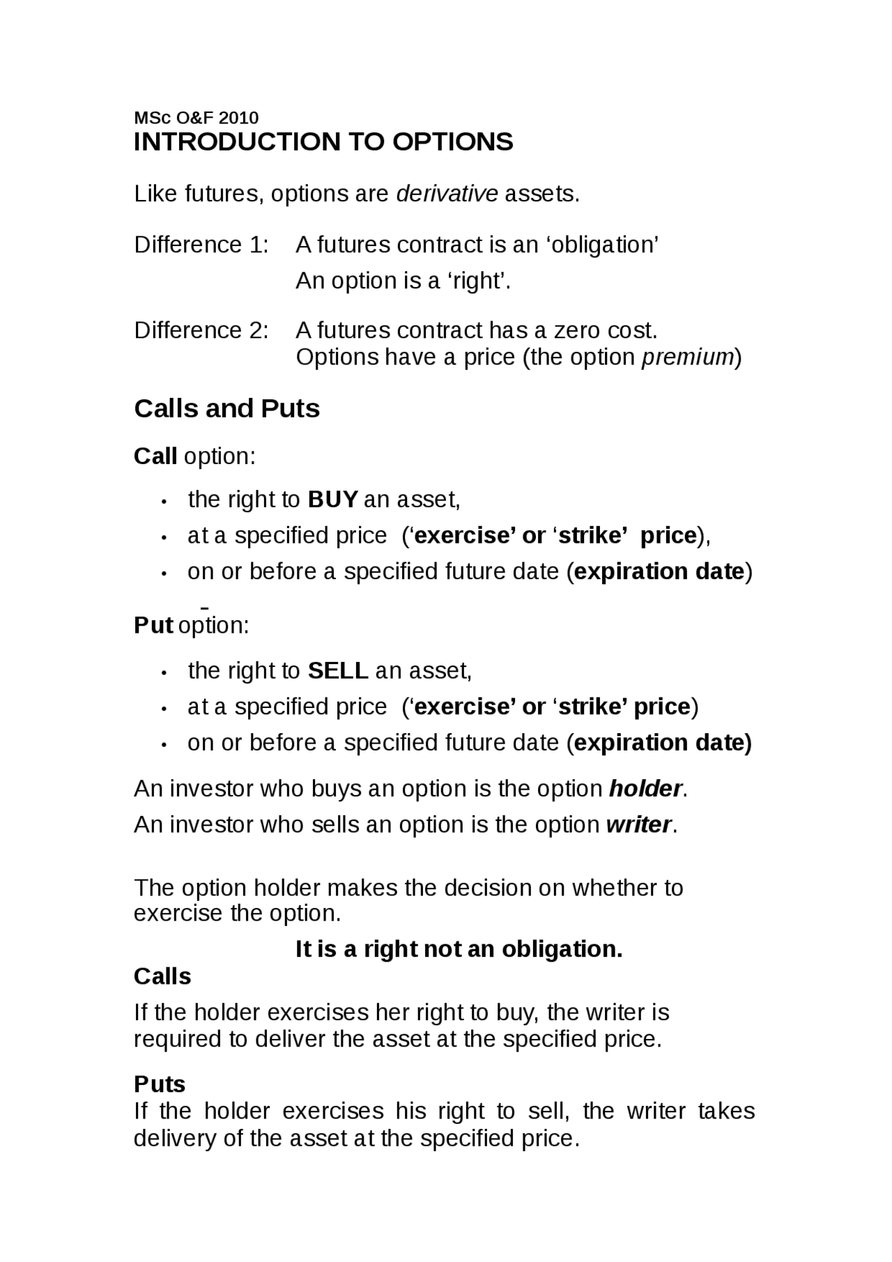 Options Notes Options and Futures - INTRODUCTION TO OPTIONS - Lecture - Docsity