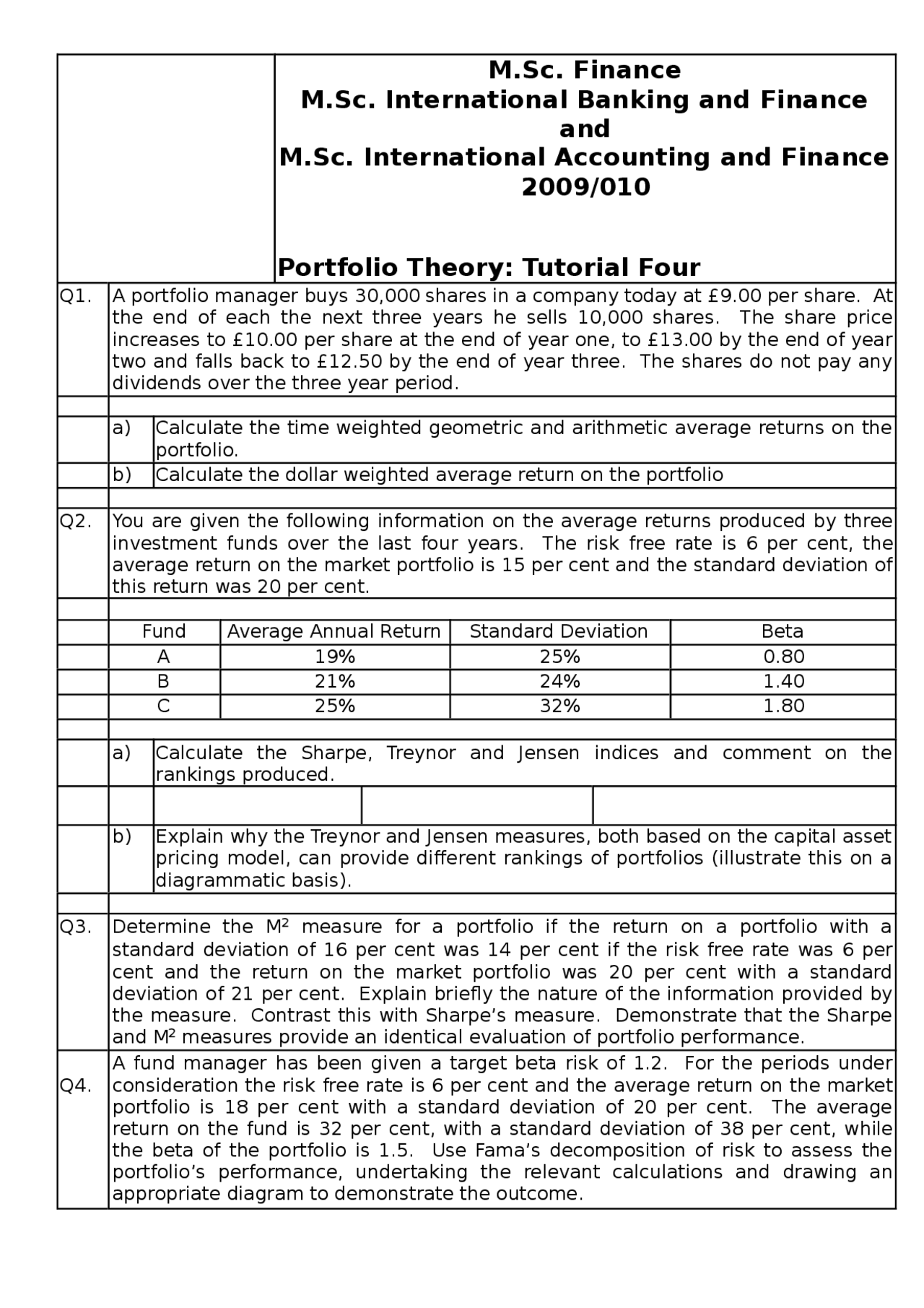 Portfolio Theory - Tutorial 4 - Docsity
