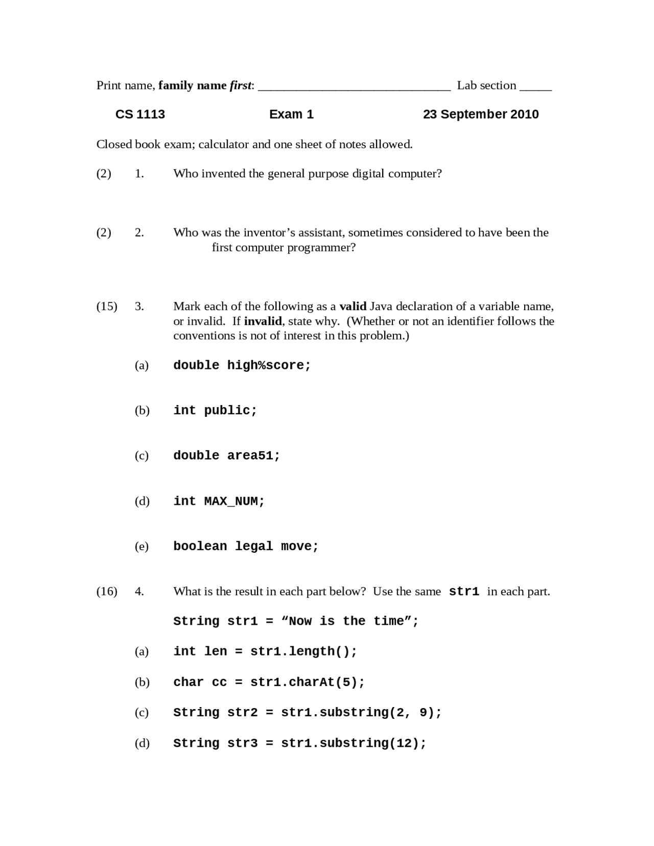 Practice Exam 1 on Computer Science 1 - Fall 2010 | CS 1113 - Docsity
