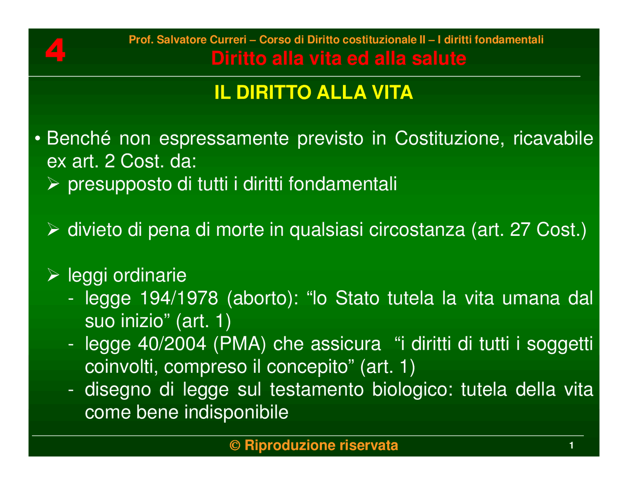 Lezione 04. diritto alla vita ed alla salute Appunti di Acustica E