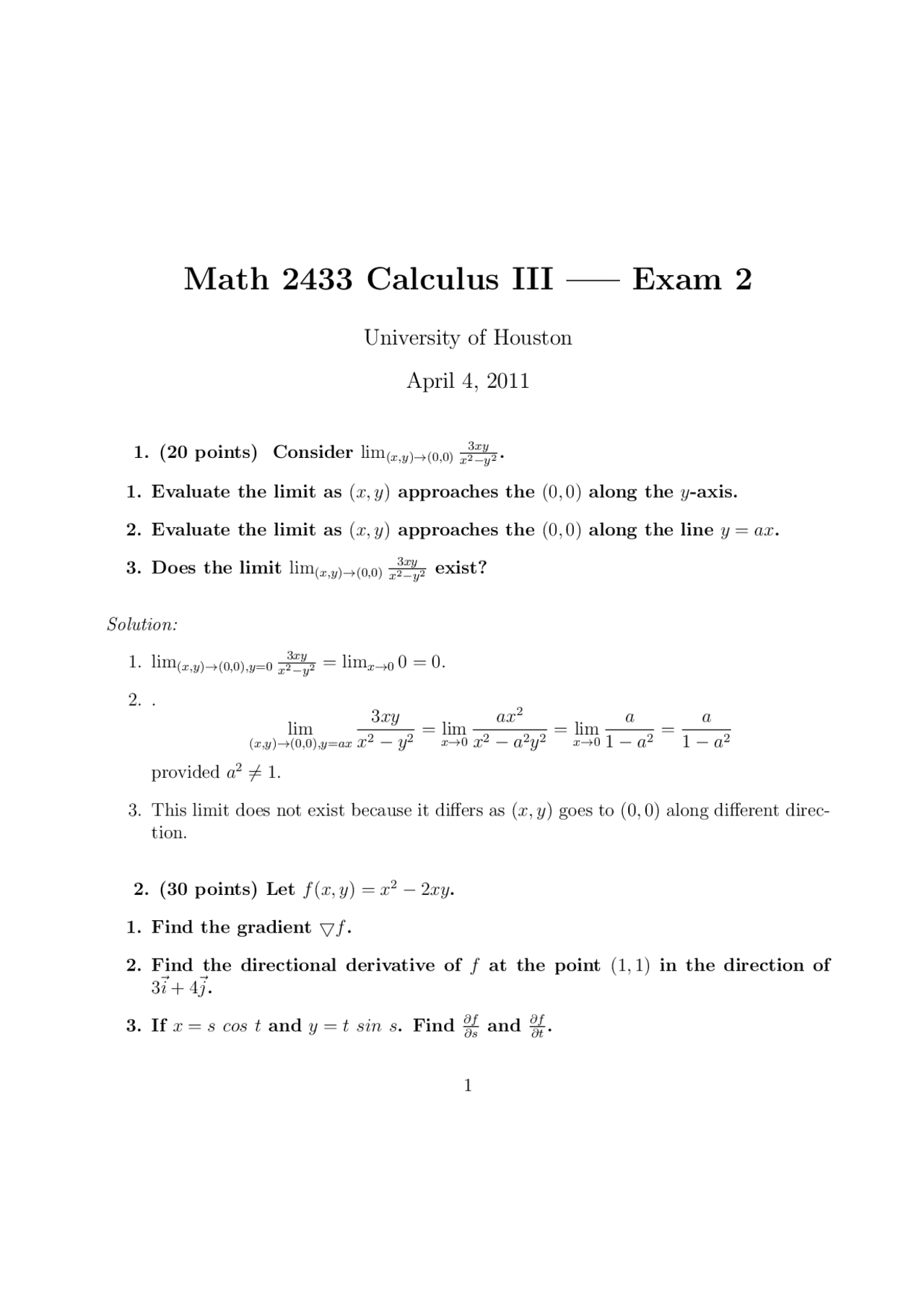 Practice Questions for Exam 2 - Calculus III | MATH 2433 - Docsity