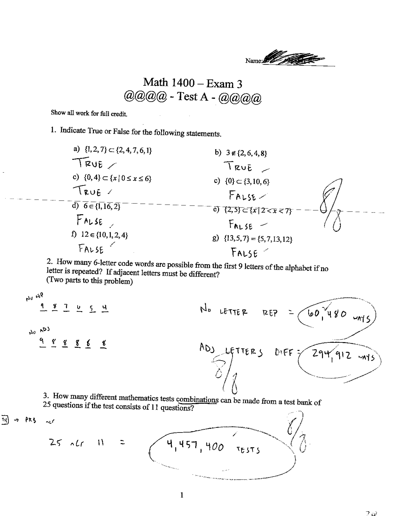 Old Exam 3 Test A with Answers - College Mathematics with Calculus ...