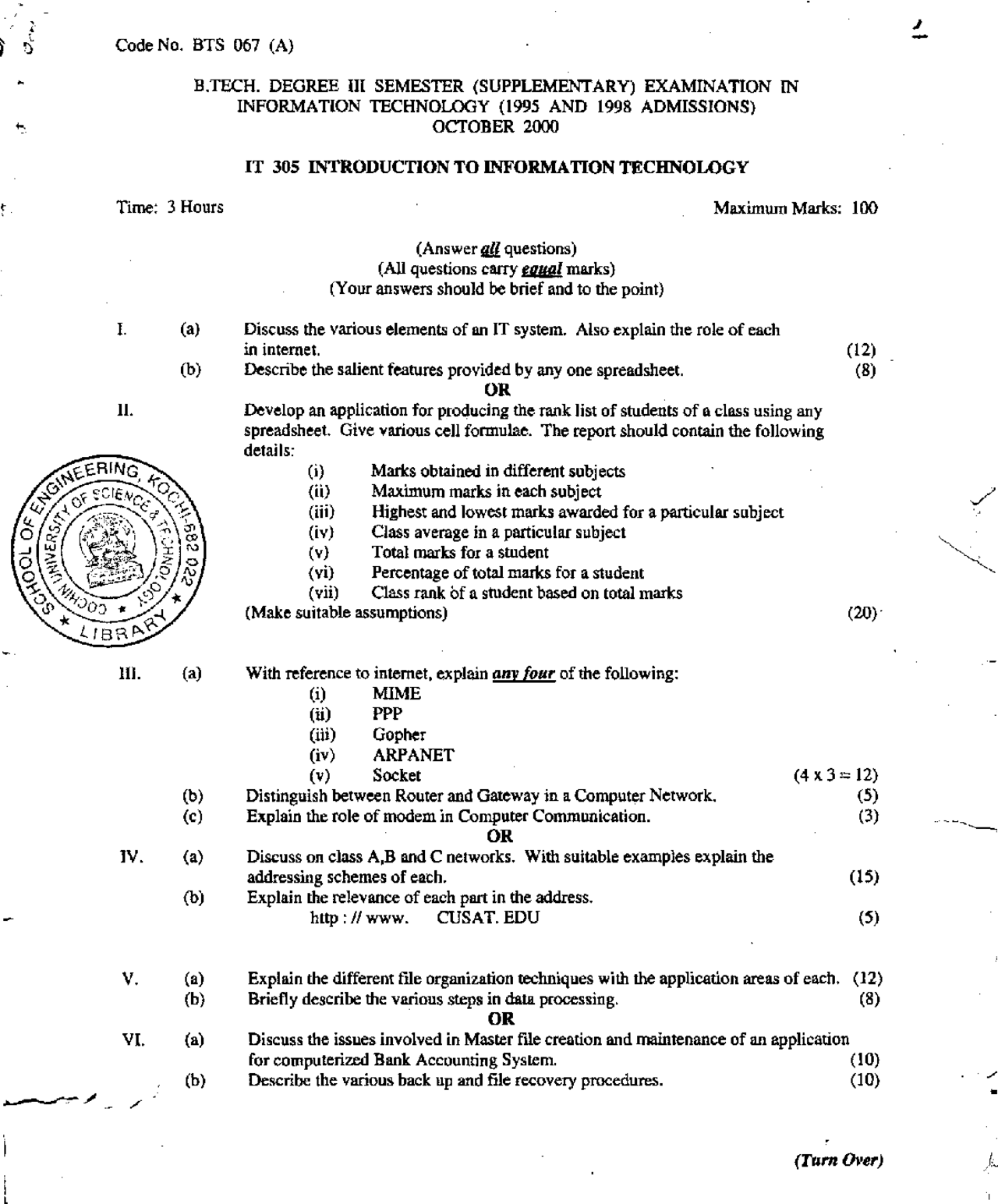 Test Paper - Introduction to Information Technology - Cochin University ...