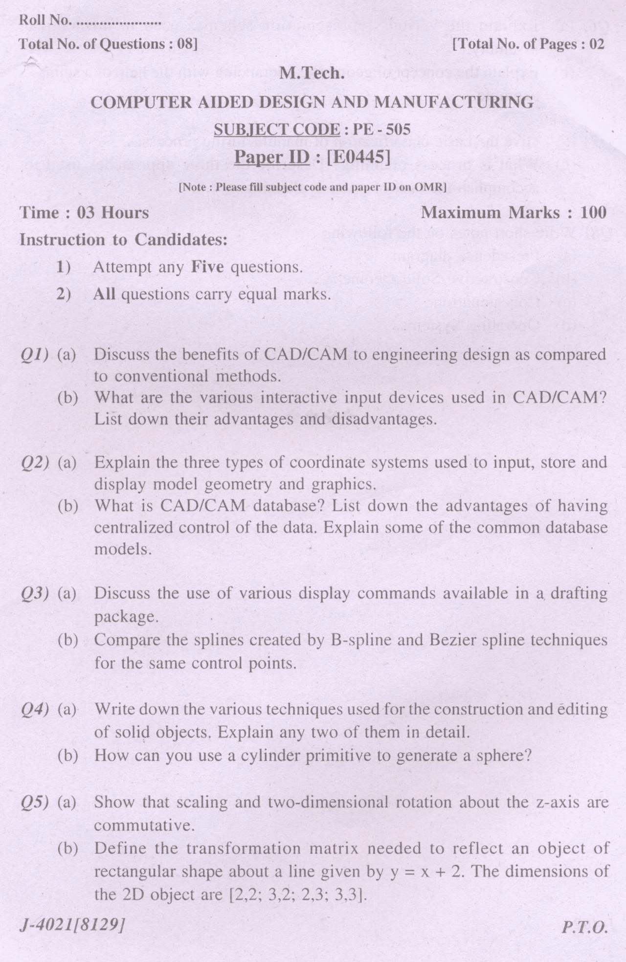 Computer Aided Design Test Test Paper - Computer Aided Design and Manufacturing - Punjab Technical ...