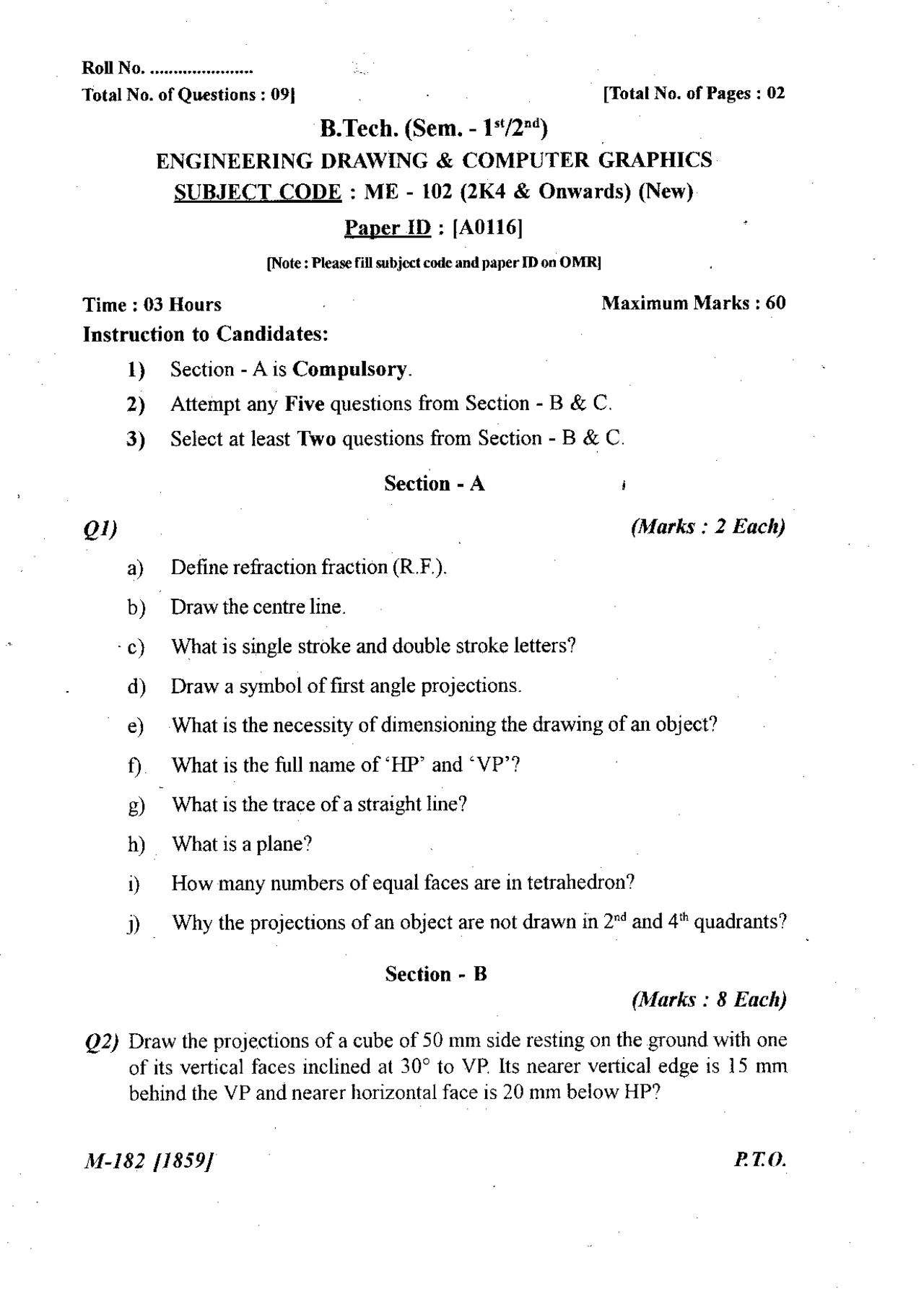 Test Paper - Engineering Drawing - Punjab Technical University ...