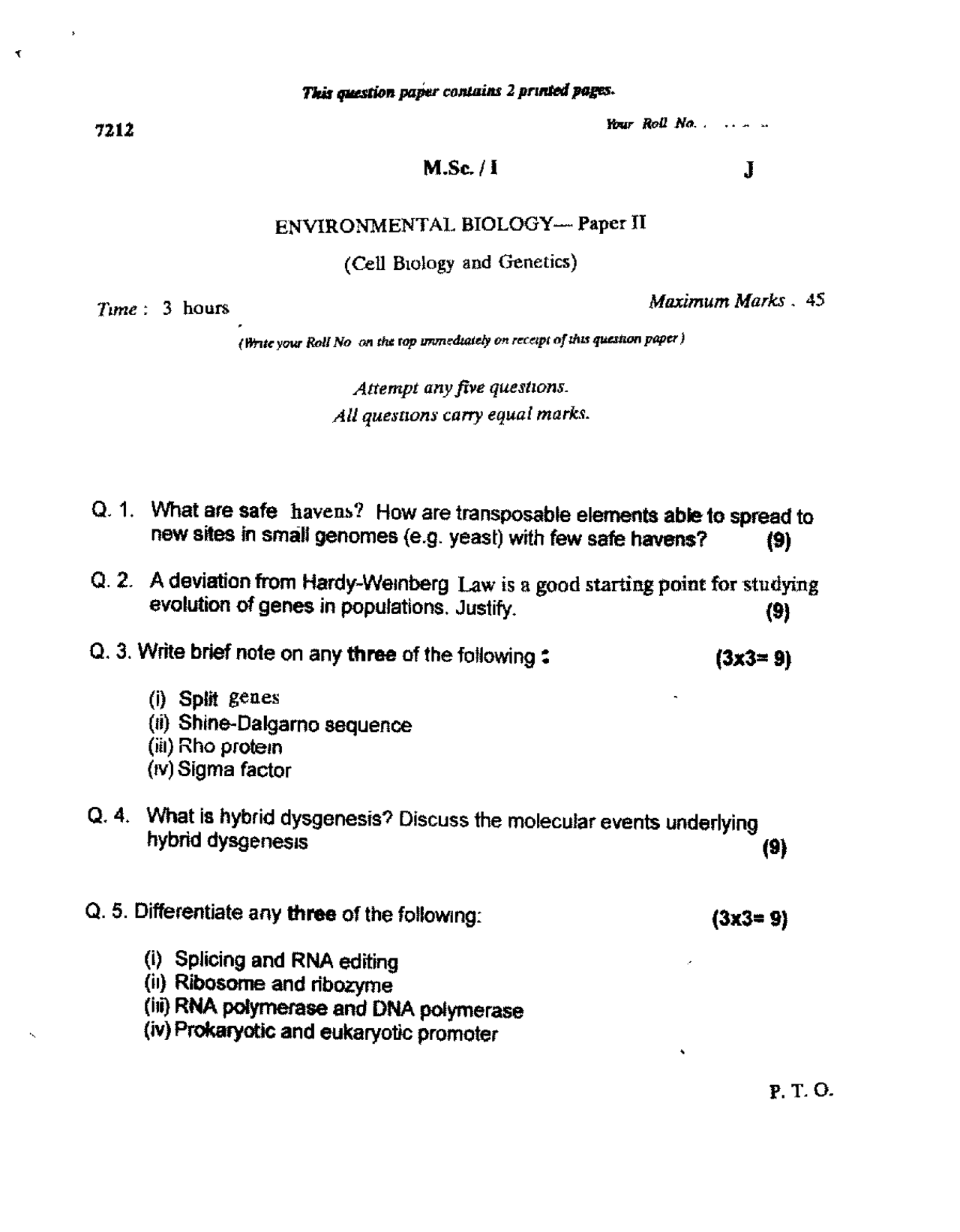 Test Paper Cell Biology and Delhi University Master in