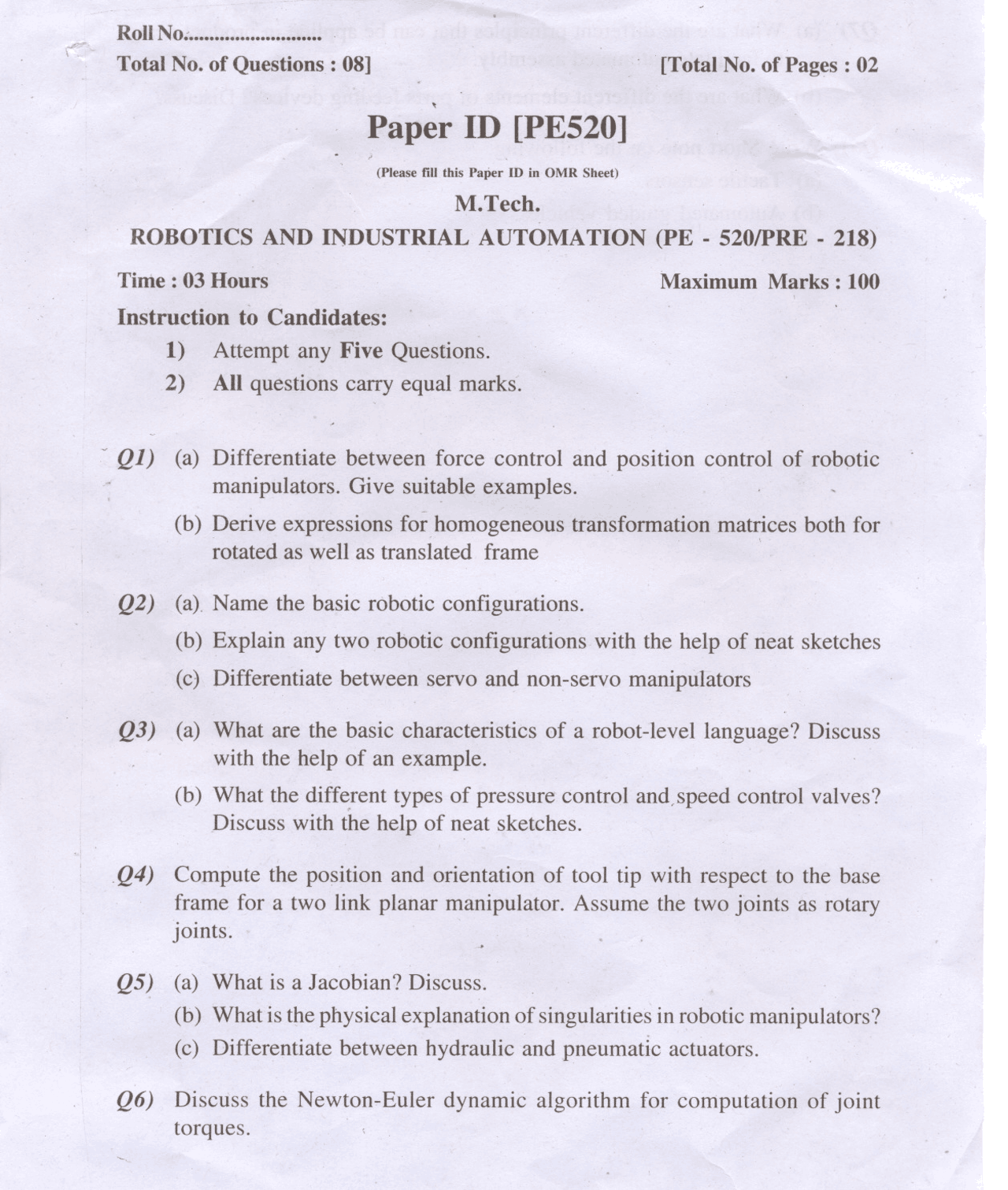 Test Paper - Robotics and Industrial Automation - Punjab Technical ...