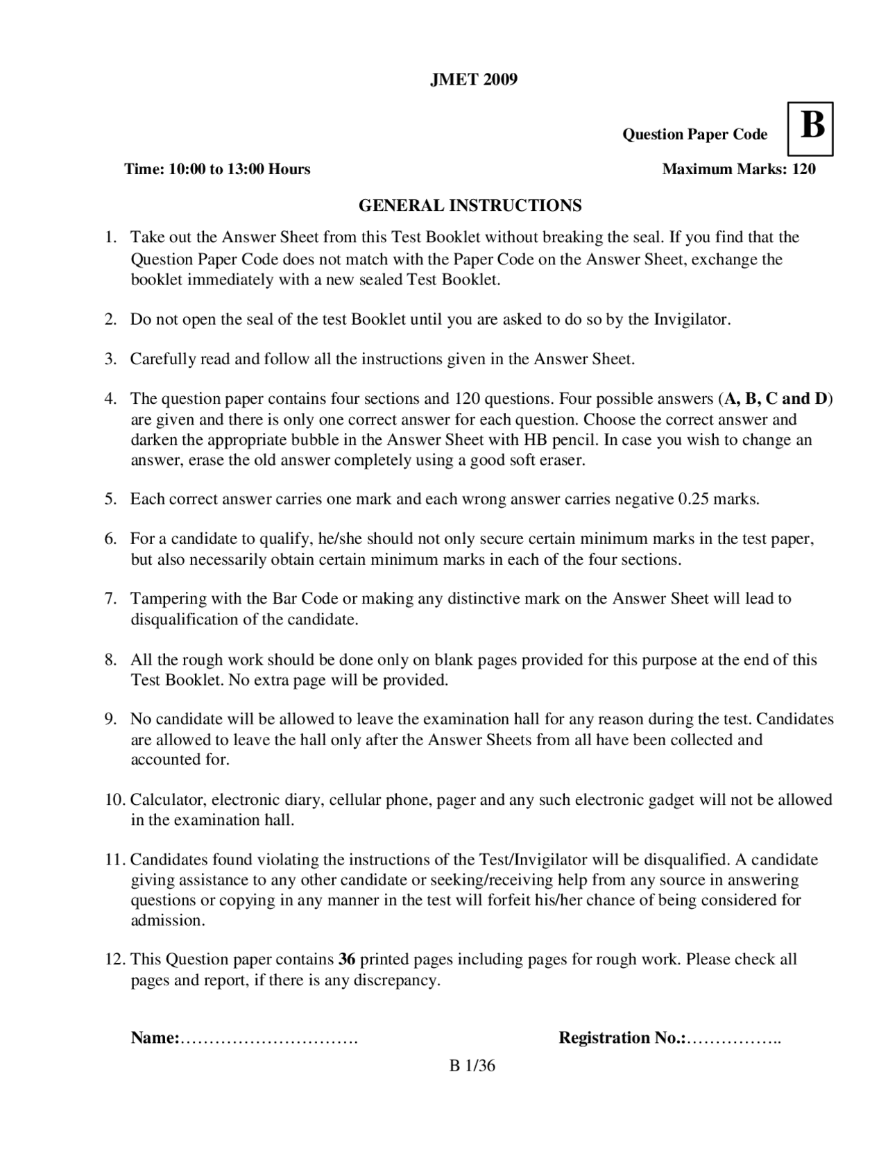 Entrance paper - Joint Management Entrance Test - 2009 - Docsity