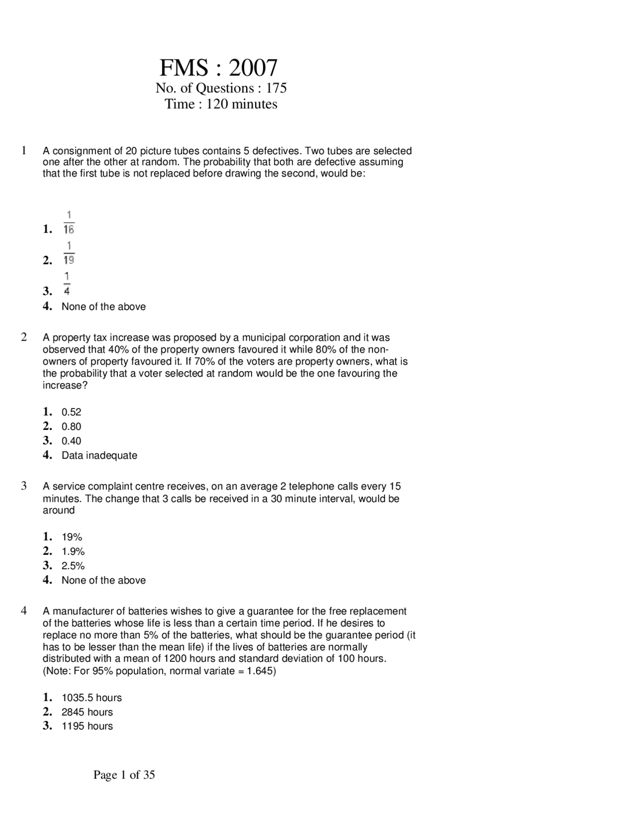 Entrance Paper - Faculty of Management Studies (FMS) - 2007 | Study ...