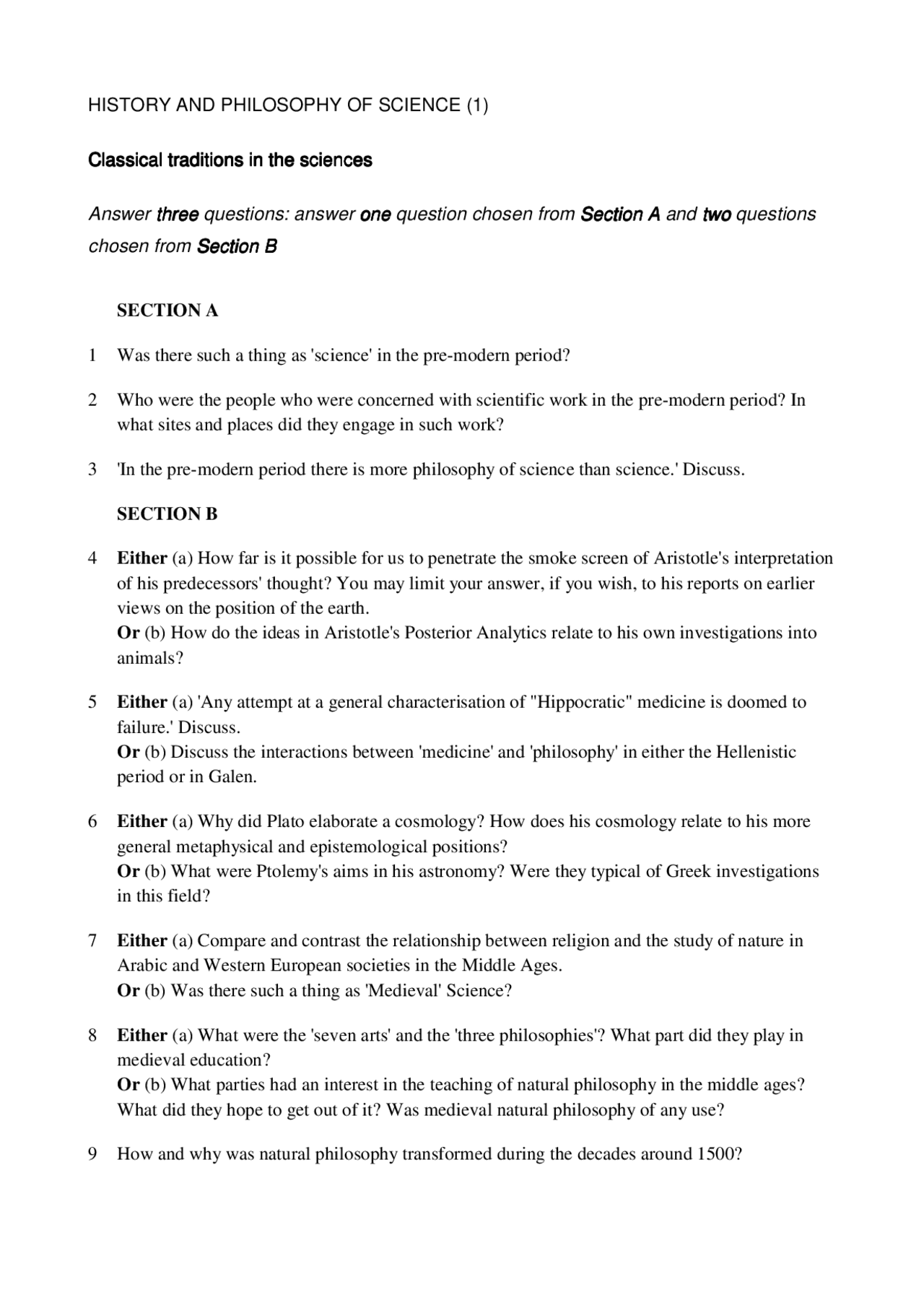 History and Philosophy of science - Exam C 1999 - History - Docsity