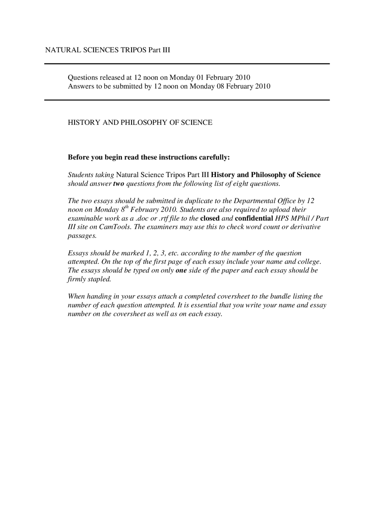 History and Philosophy of science - Exam B 2010 - History - Docsity