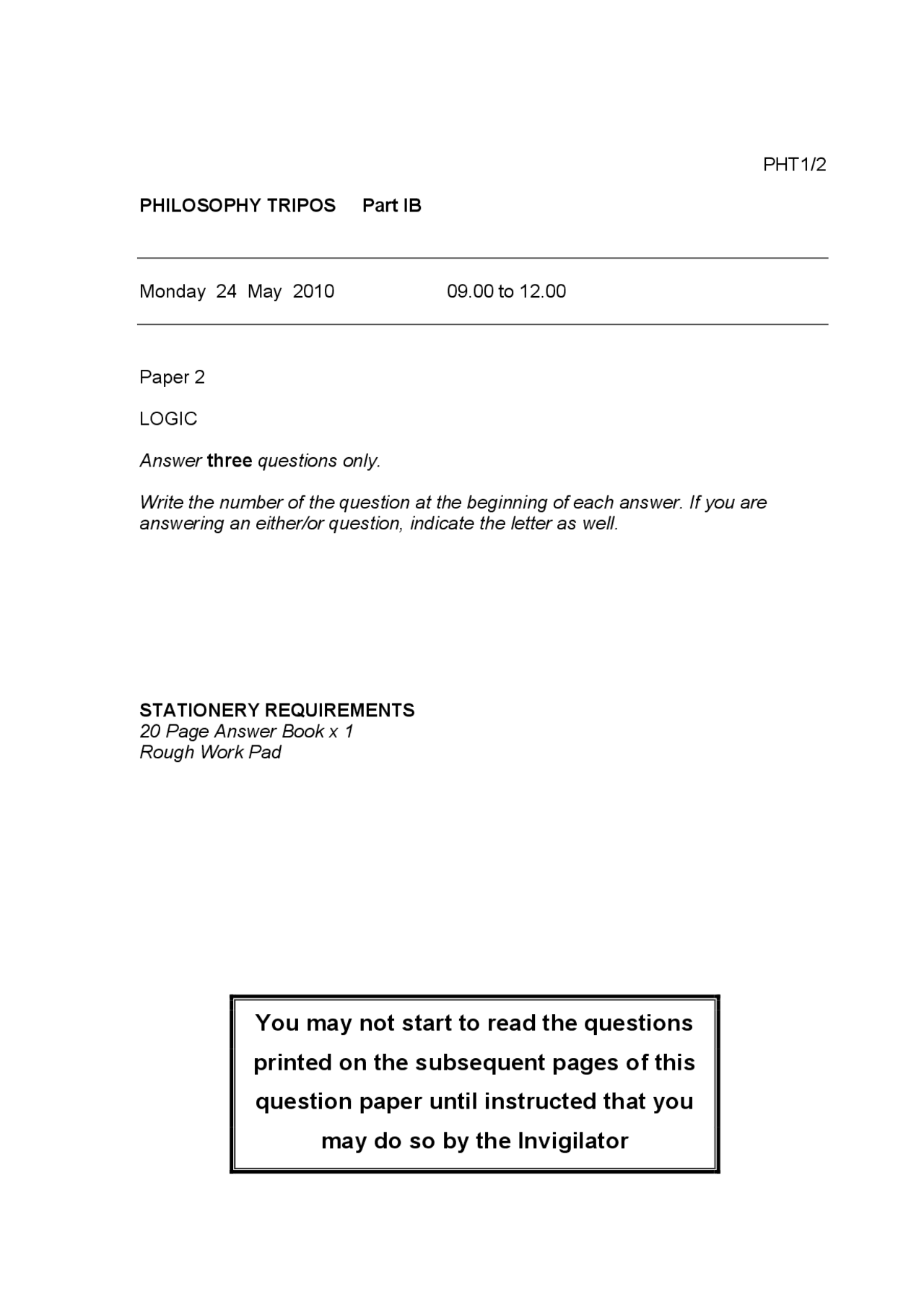 Logic - Paper 02 - 2010 - Philosophy - Dr Arif Ahmed - Docsity