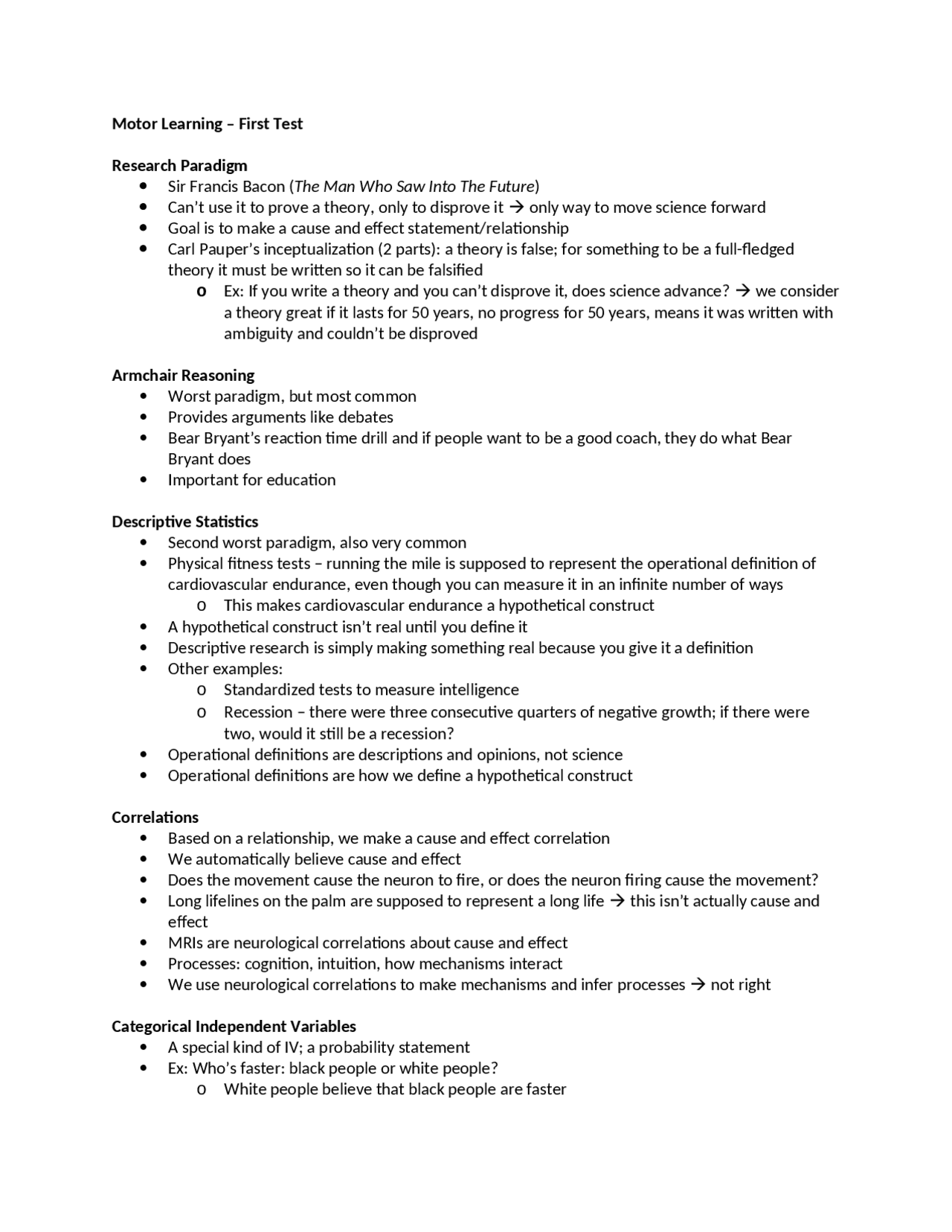 Research Paradigm and Armchair Reasoning Exam 1 Notes KINE 322