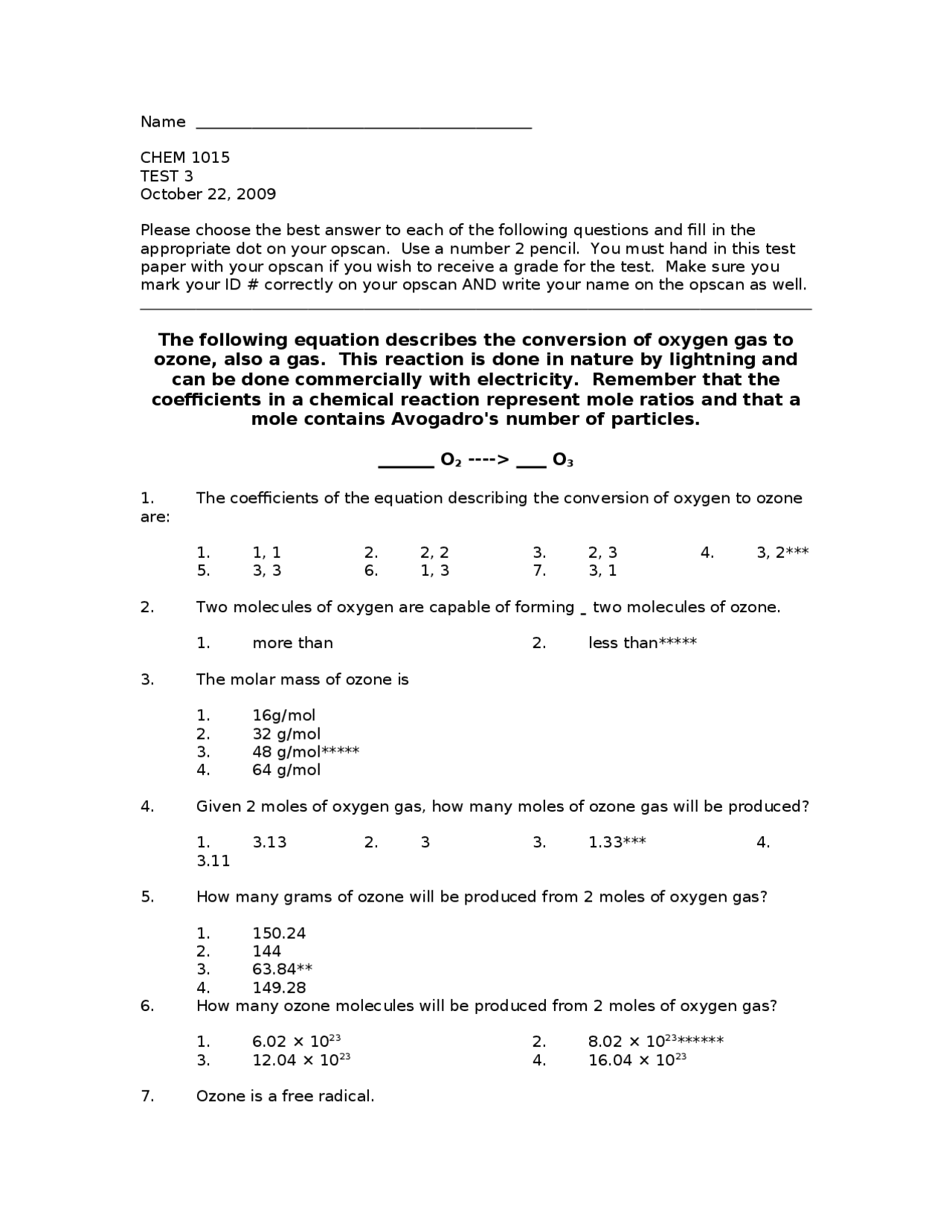 Practice Exam 3 - Introduction to Chemistry | CHEM 1015 - Docsity