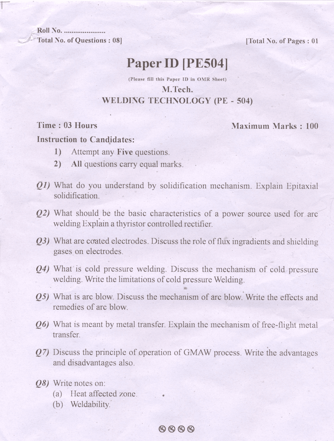 Test Paper - Welding Technology - Punjab Technical University - Master ...