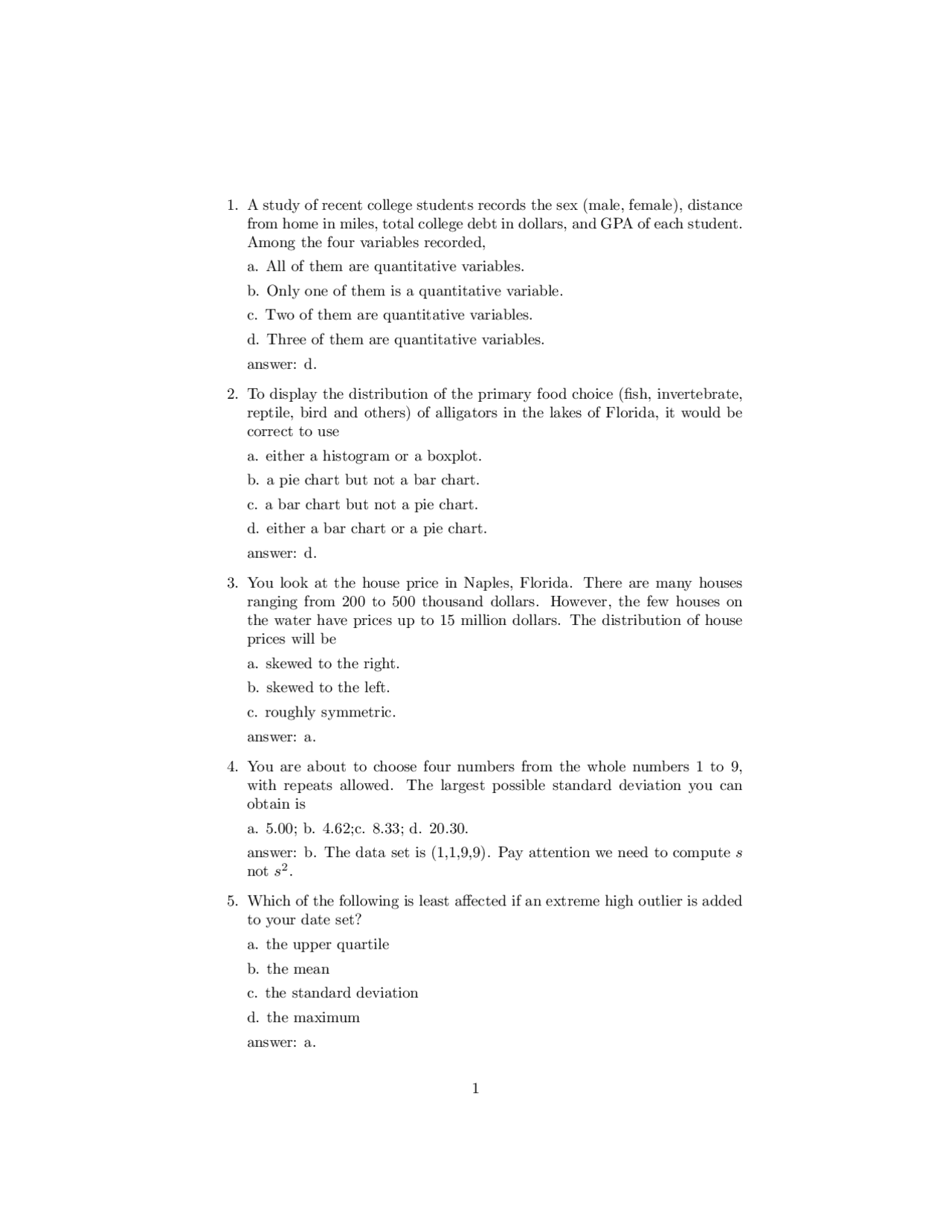10 Multiple Choice Questions for Quiz 3 Elementary Statistics MATH