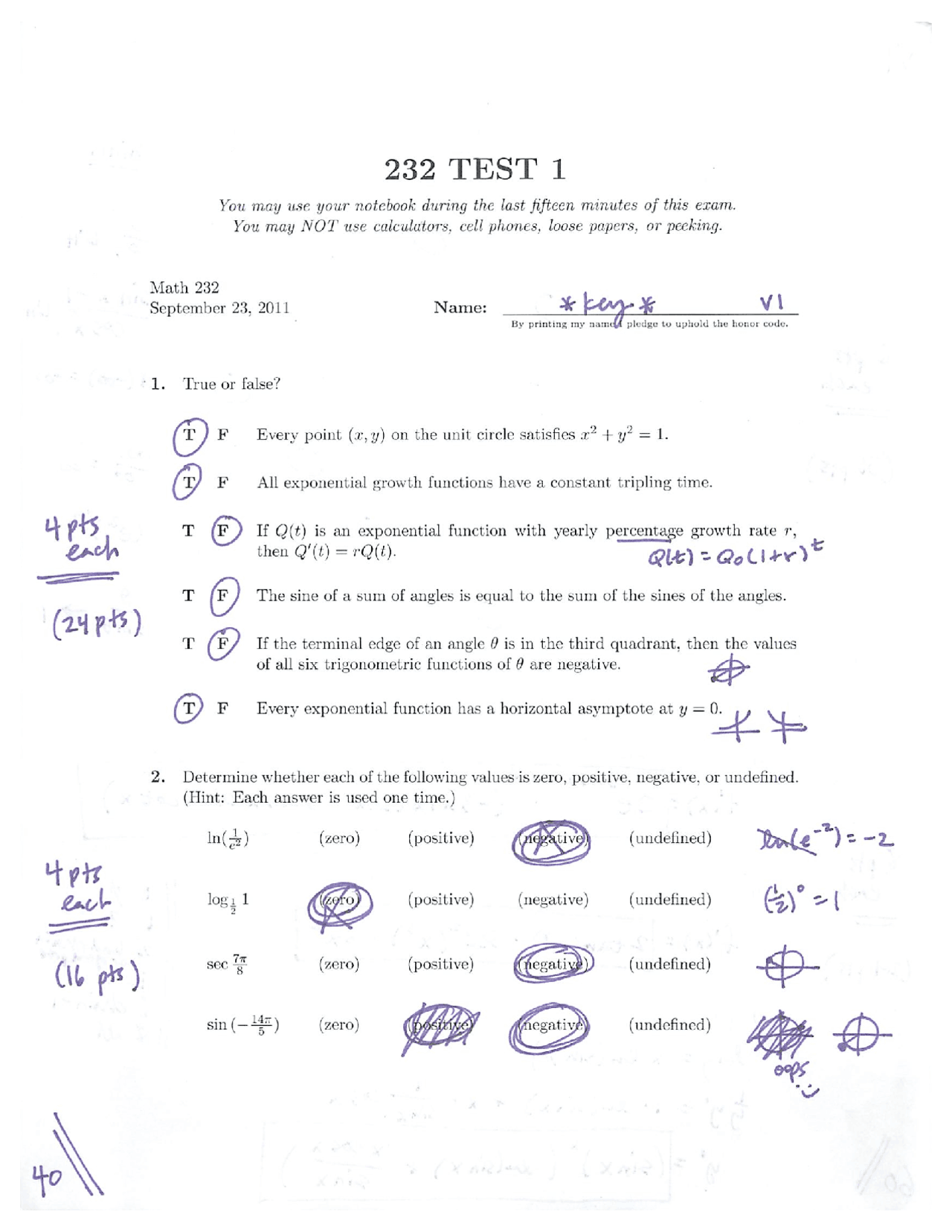 Past Exam 1 with Answer Key - Calculus with Functions I | MATH 232 ...