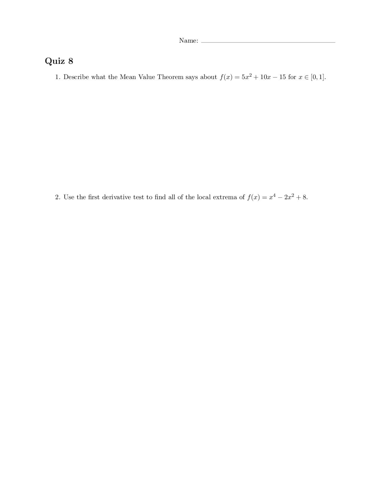 Quiz 8 Questions - Calculus with Functions I | MATH 231 - Docsity