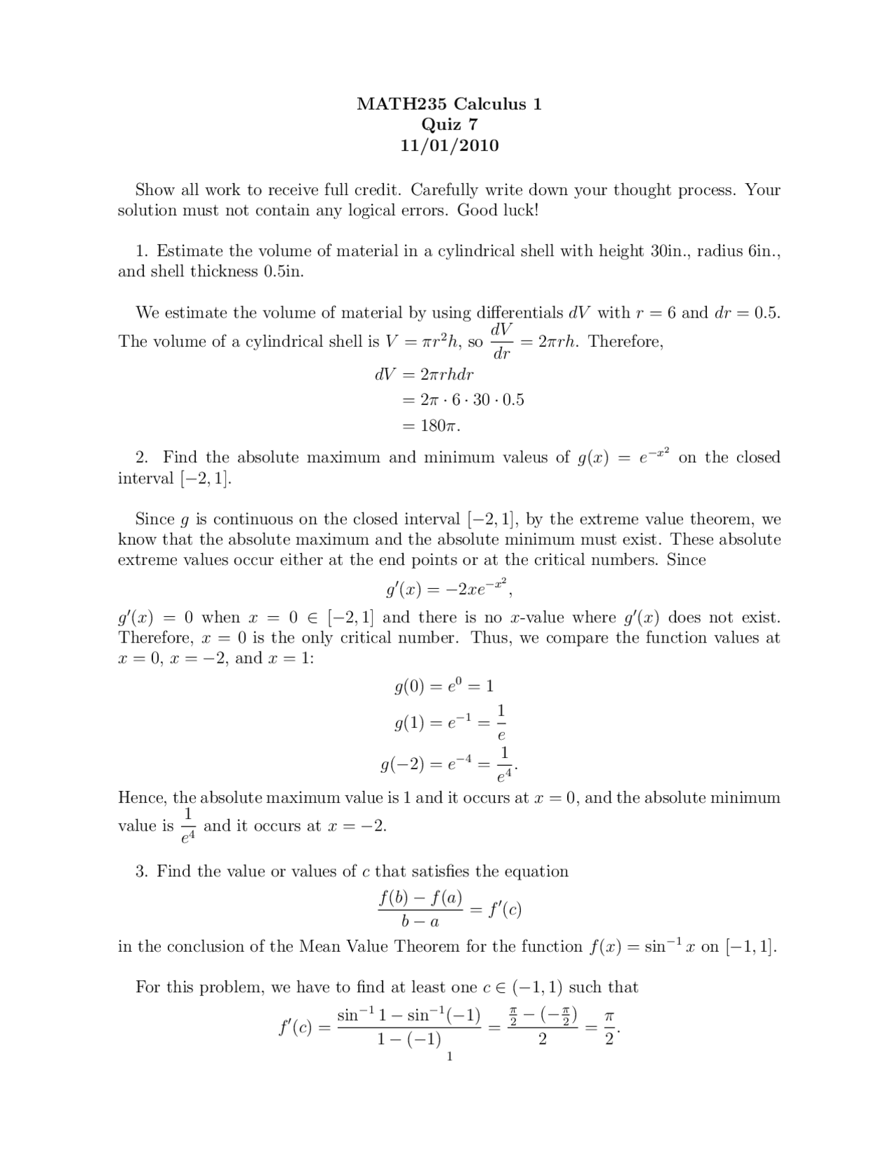 Calculus I Math Questions Solution to Quiz 7 - Calculus I | MATH 235 - Docsity