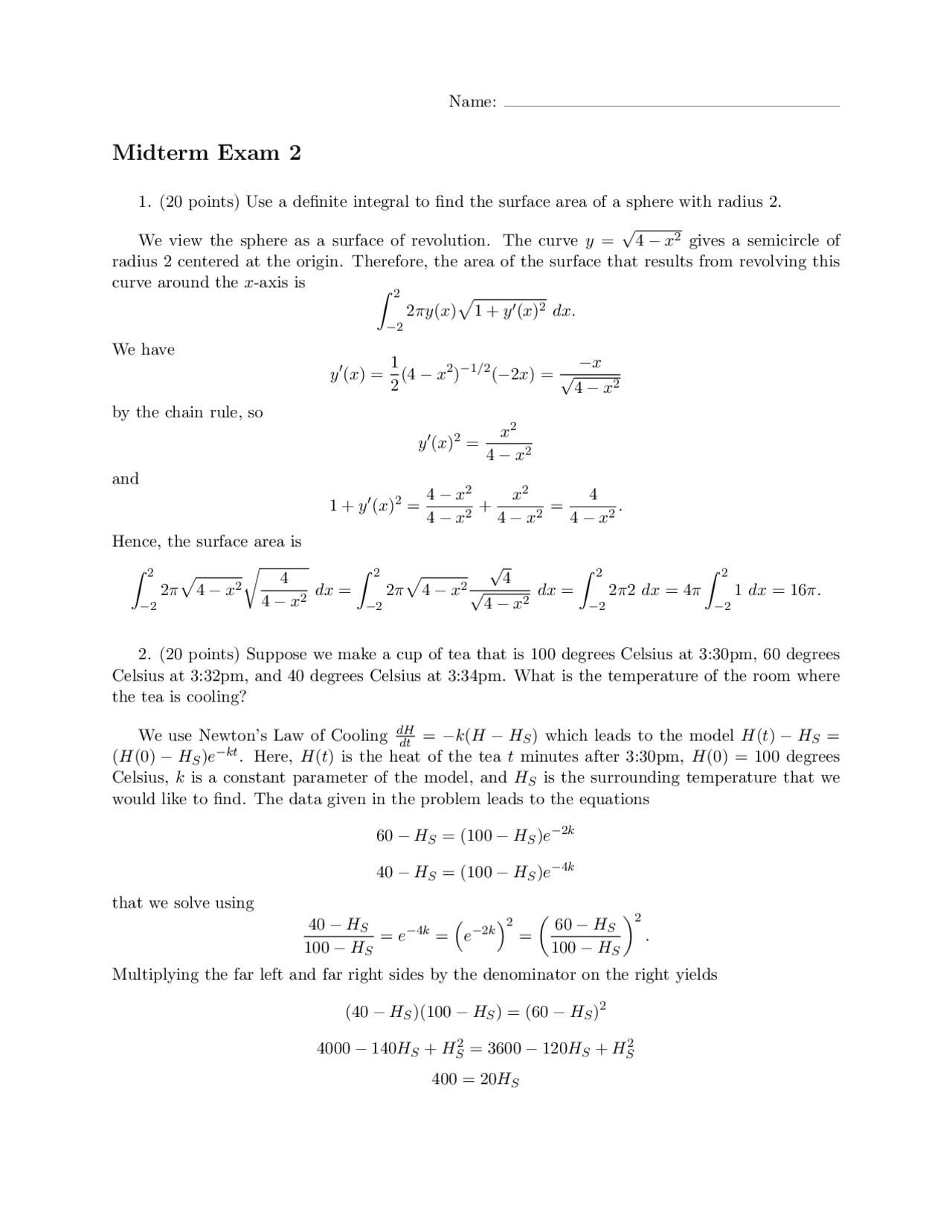 Midterm Exam 2 Questions with Solutions - Calculus II | MATH 236 - Docsity