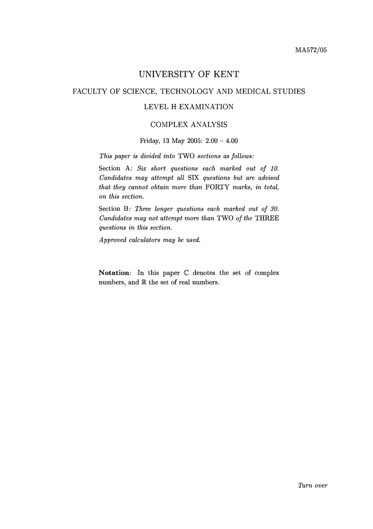 Complex Analysis - Exam 2005 - Statistics and Economics - Docsity