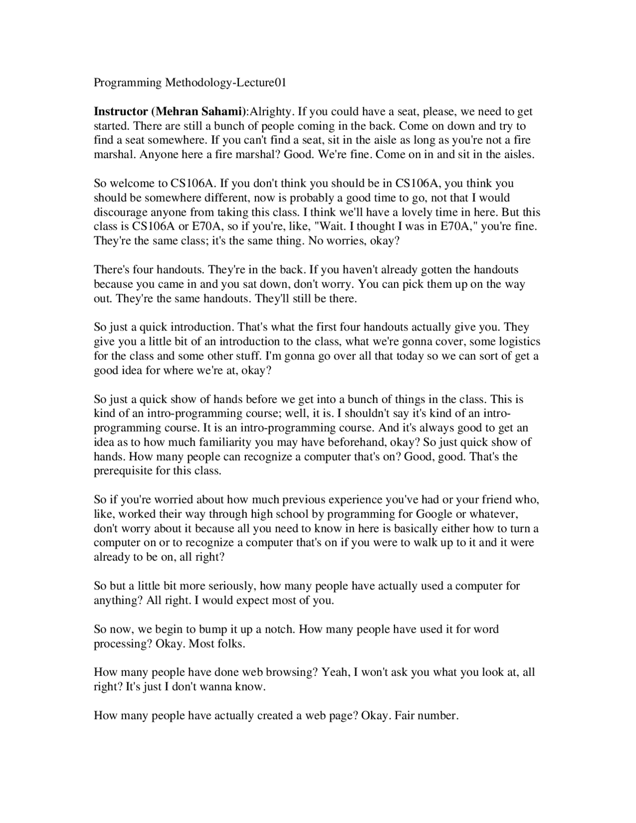 Introduction to course - Lectures - Programming Methodology- 1 - Docsity