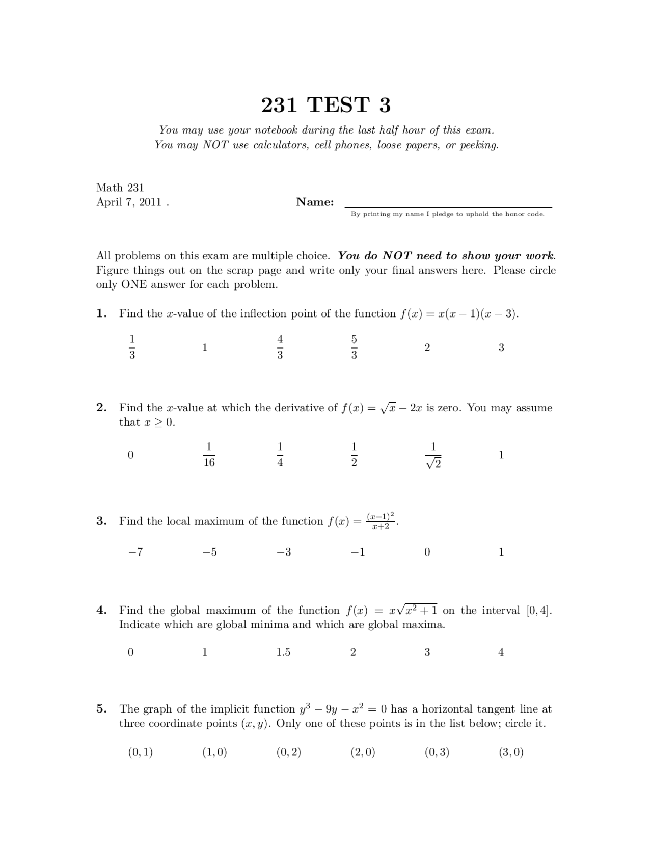 10 Questions on Test 3 - Calculus with Functions I | MATH 231 - Docsity