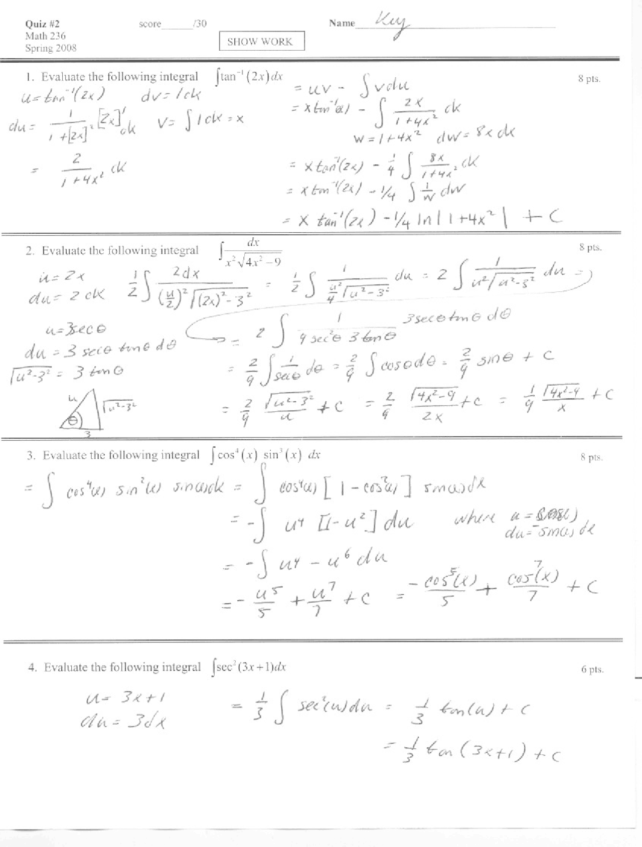 Intergrated Studies Math Questions 4 Solved Problems in Quiz 2 to Evaluate the Integrals | MATH 236 ...