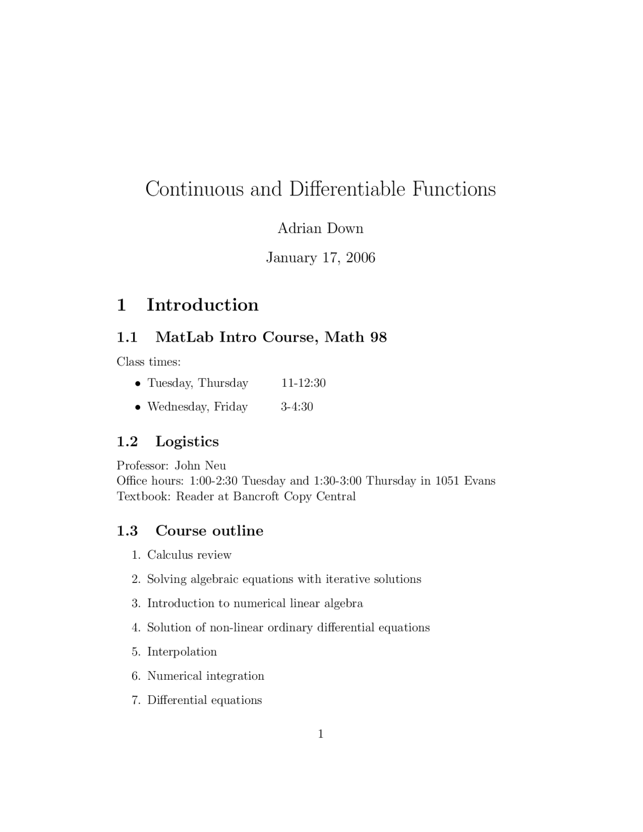Continuous and Differential Functions, Lecture Notes - Advanced ...