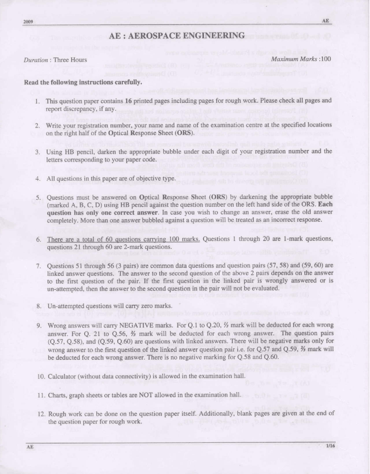 Entrance Paper - Aerospace Engineering (AE) - Graduate Aptitude Test in ...
