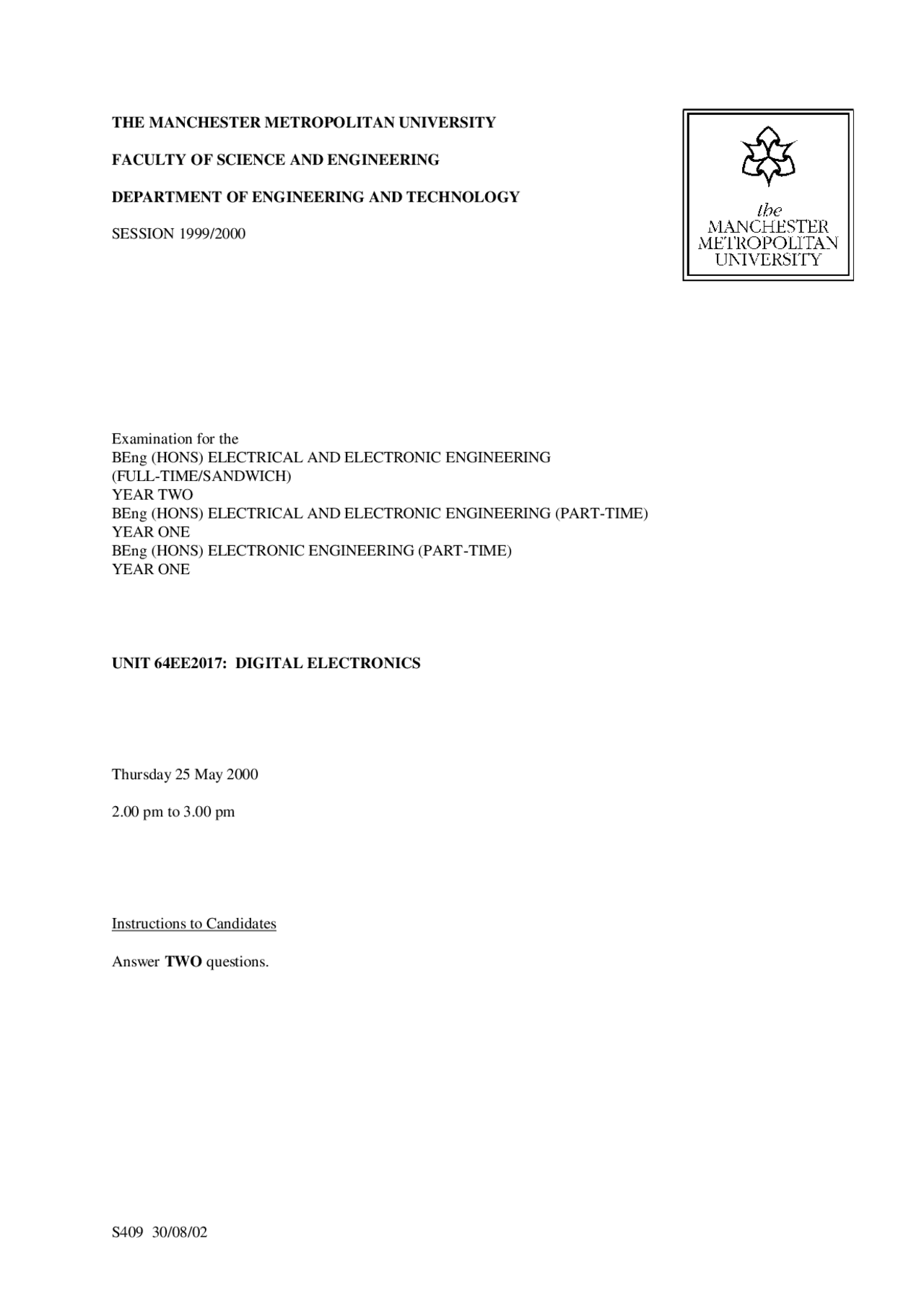 Digital Electronics II - 1999 2000 Exam - Electrical Engineering - Docsity