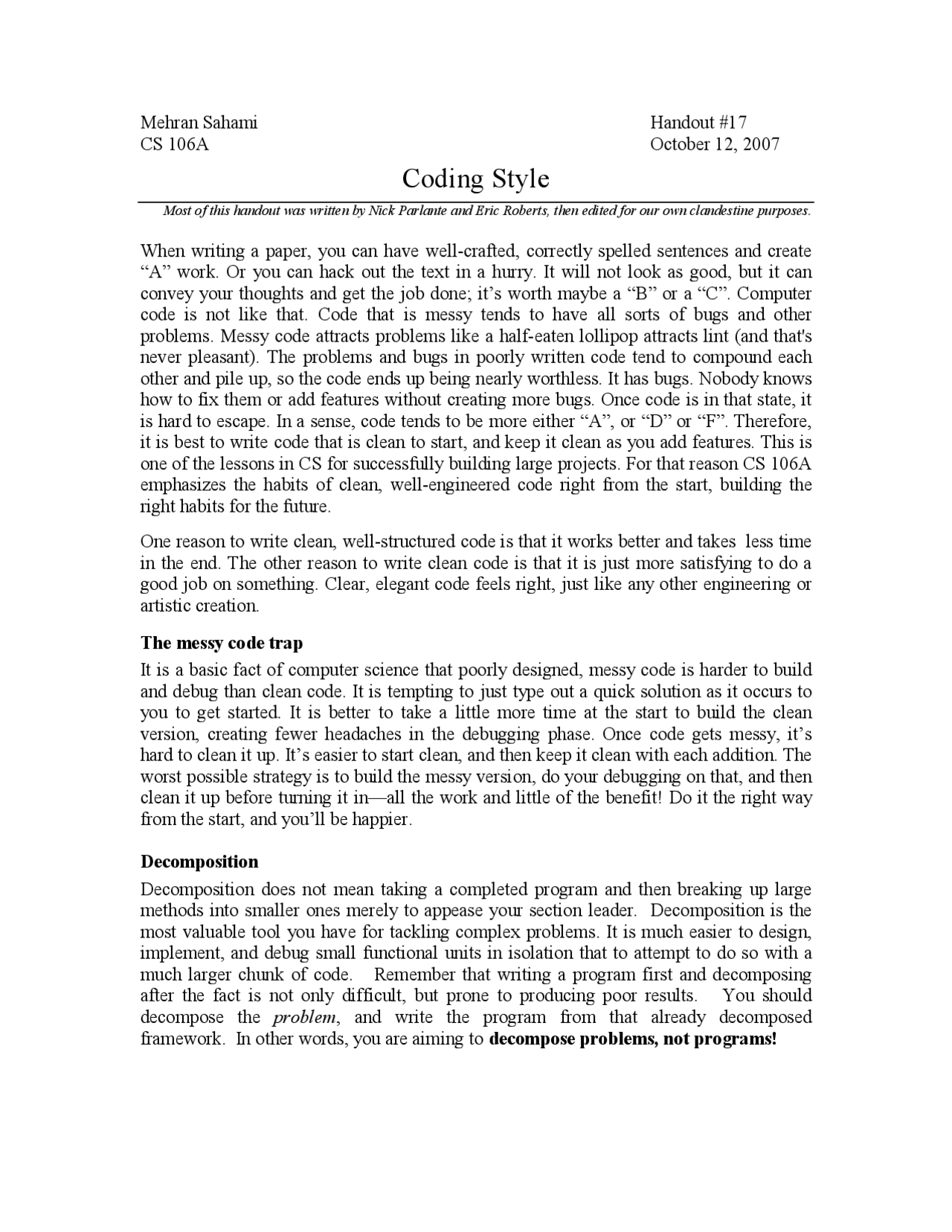 Coding Style - Section Handout assignment - Programming Methodology- 17 ...