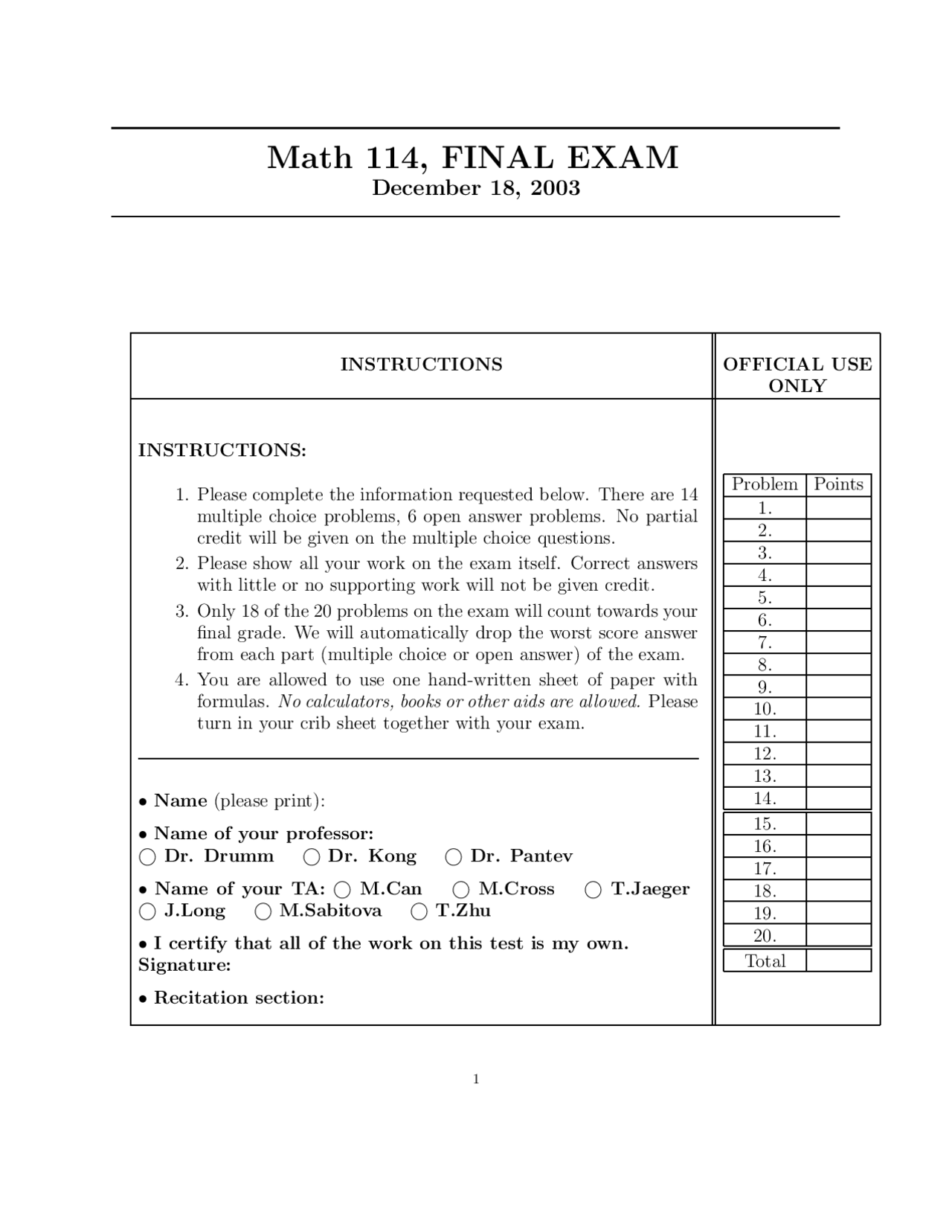 Calculus 2 - Exam Fall 2003 - Mathematics - Docsity