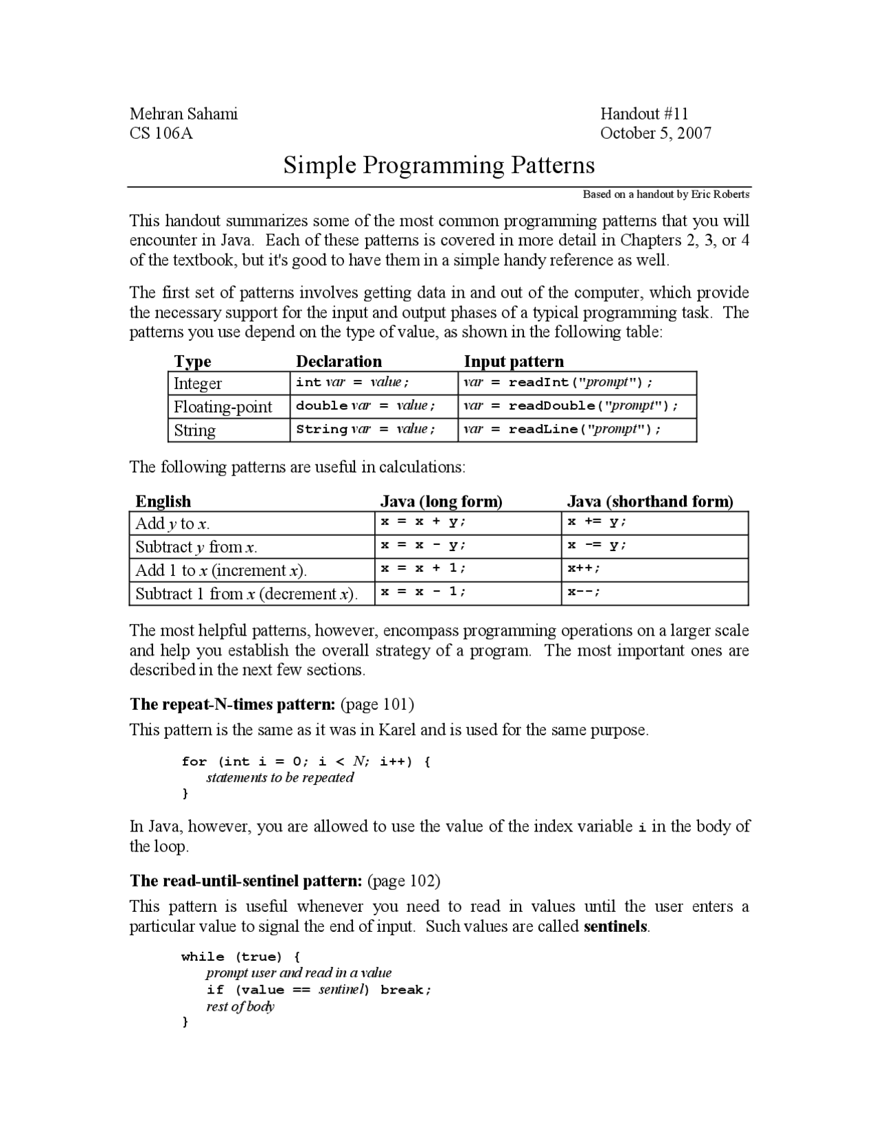 Simple Programming Patterns - Section Handout - Programming Methodology ...