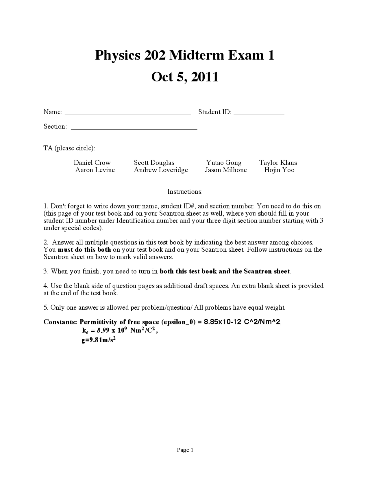 Midterm Exam 1 | General Physics 2011 | PHYSICS 202 - Docsity