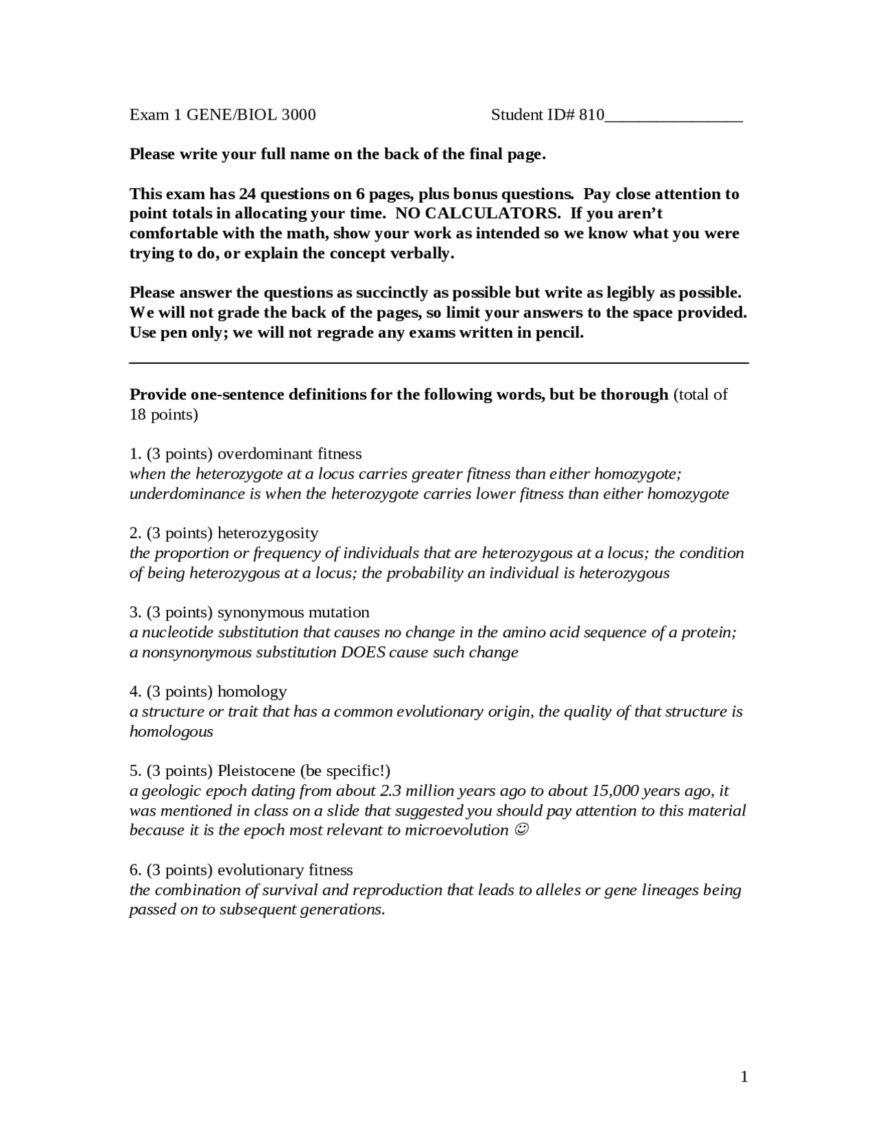 Exam 1 with Solutions - Evolutionary Biology | BIOL 3000 - Docsity