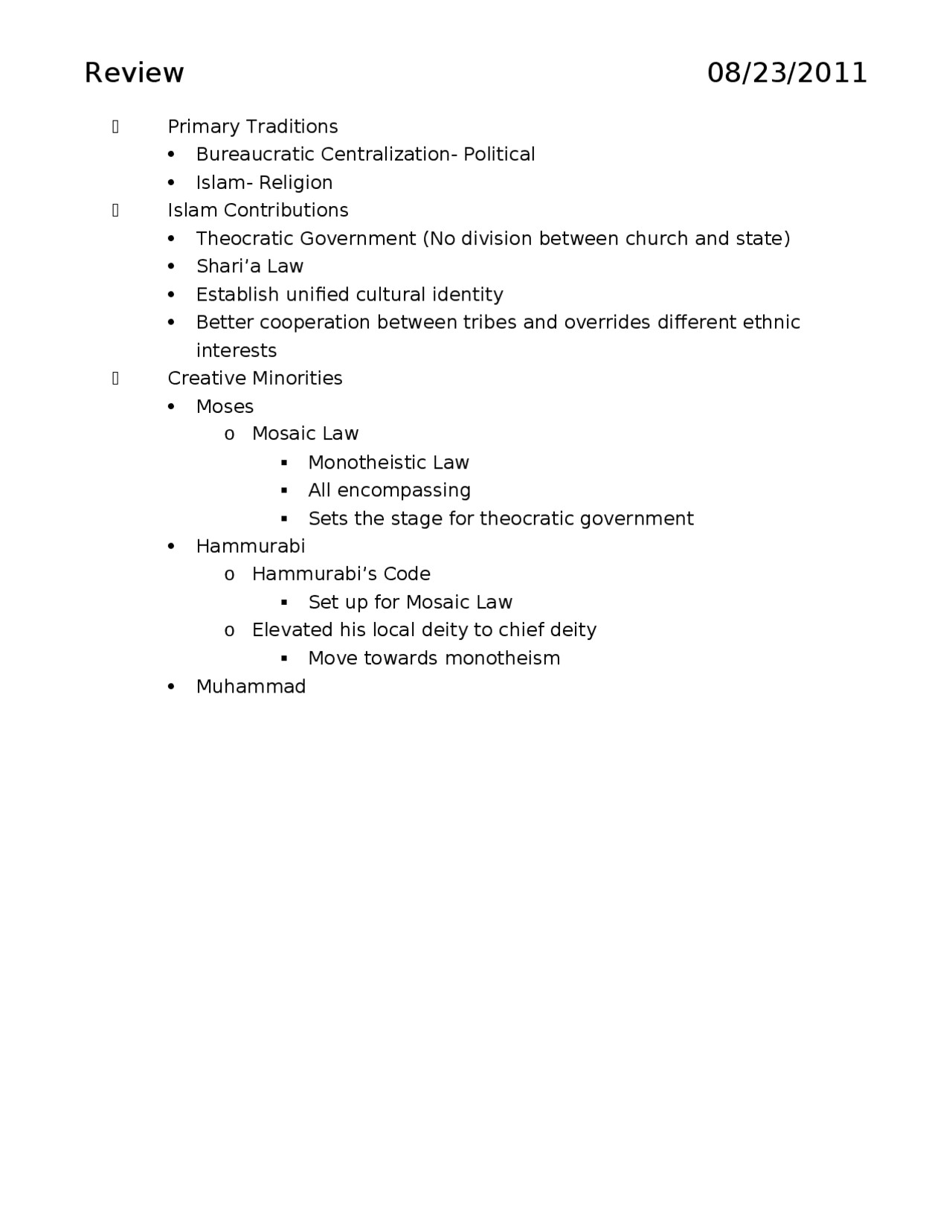 Review Sheet for West Asia - World History I | HIST 1010 - Docsity