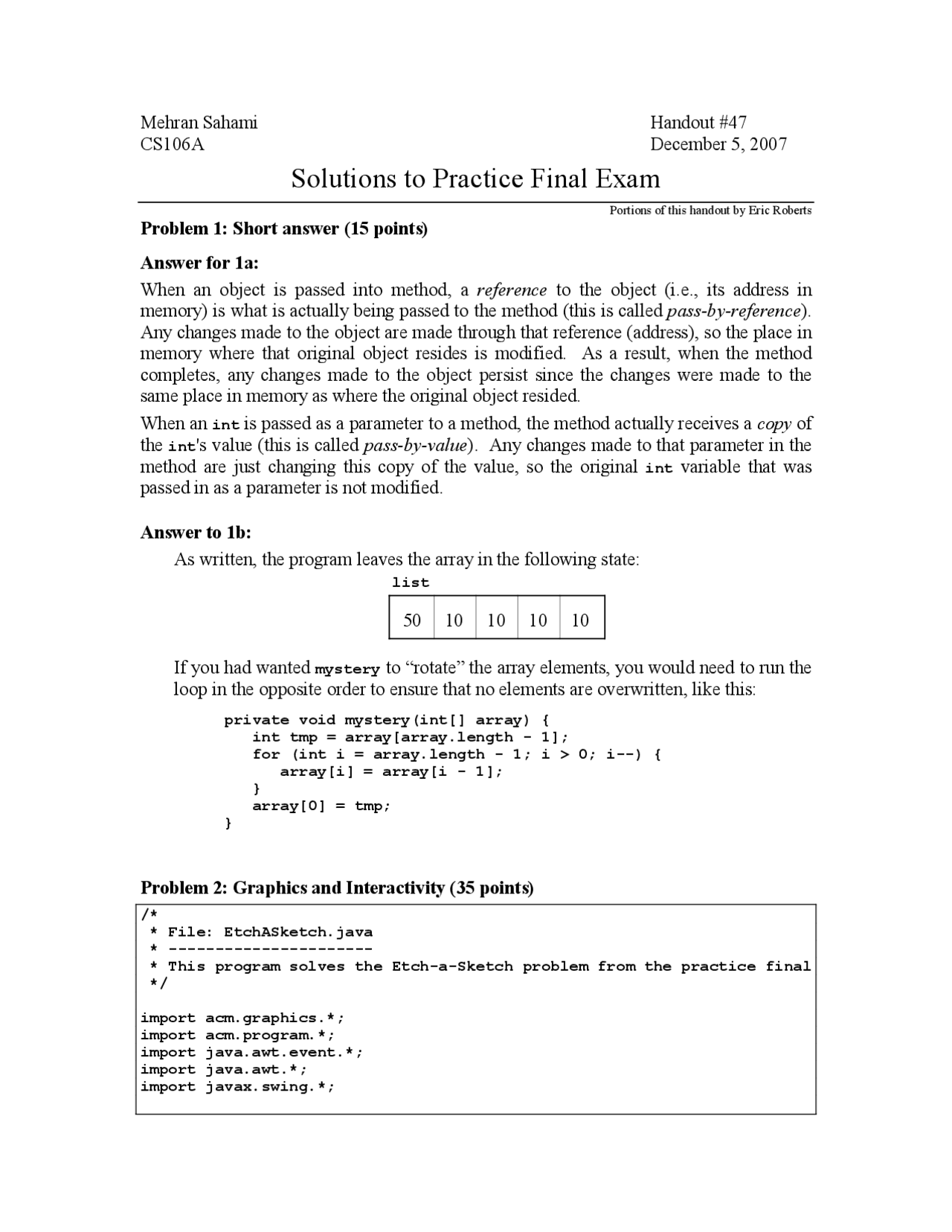 Solutions to Practice Final Exam - Section Handout - Programming ...