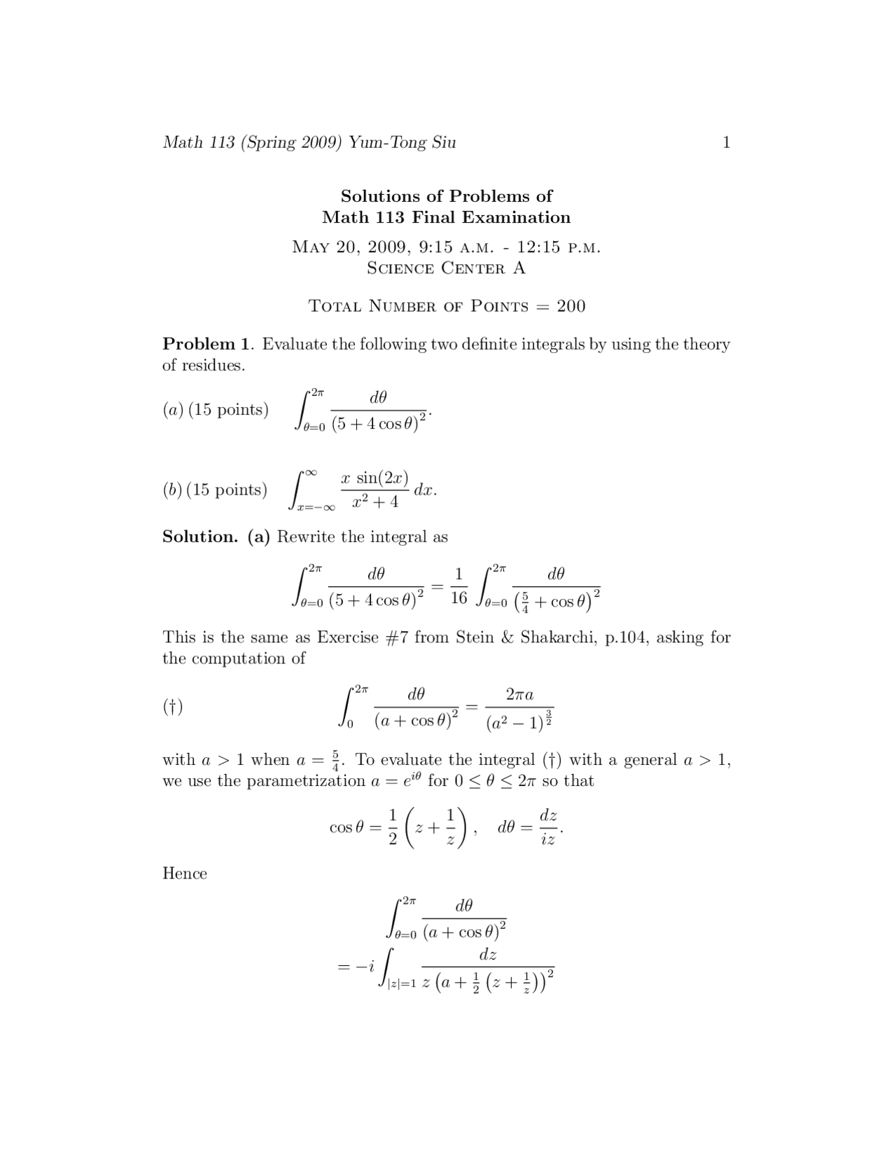 Complex Analysis 21, Exercises Solution - Mathematics - Docsity