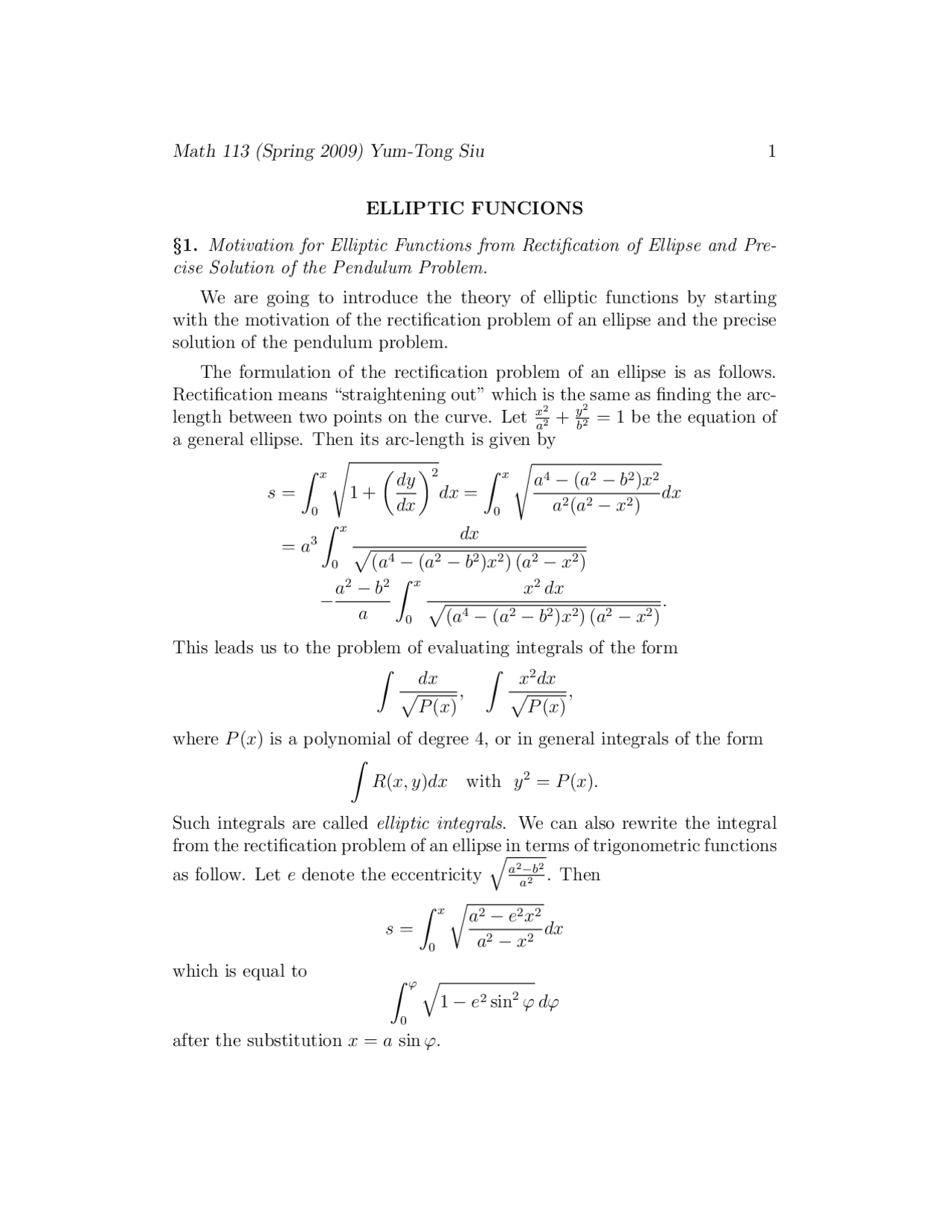 Elliptic Function, Lecture Notes - Mathematics | Study notes Complex ...