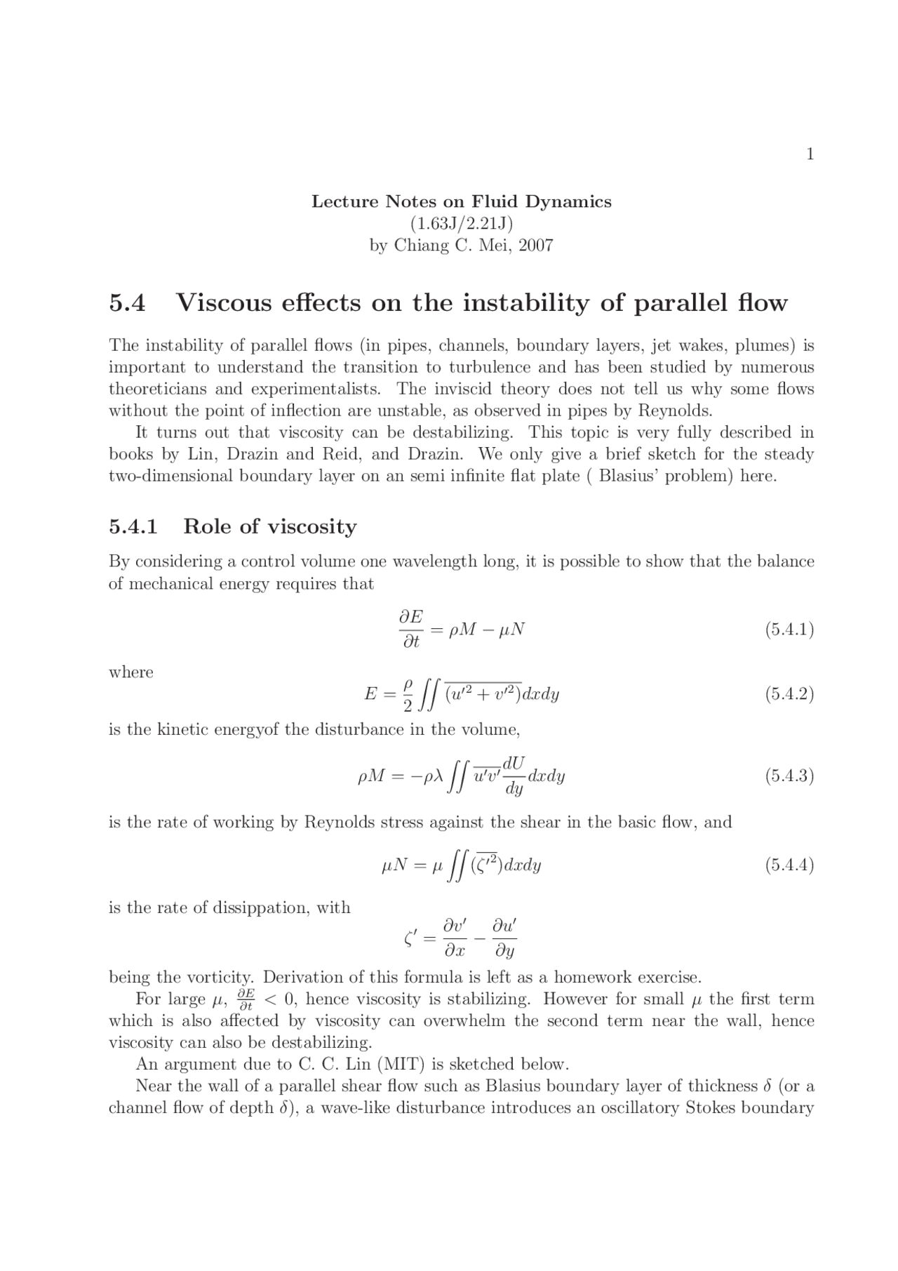 Viscous Effects On Instability Of Parllel Flow, Lecture Notes - Fluid ...